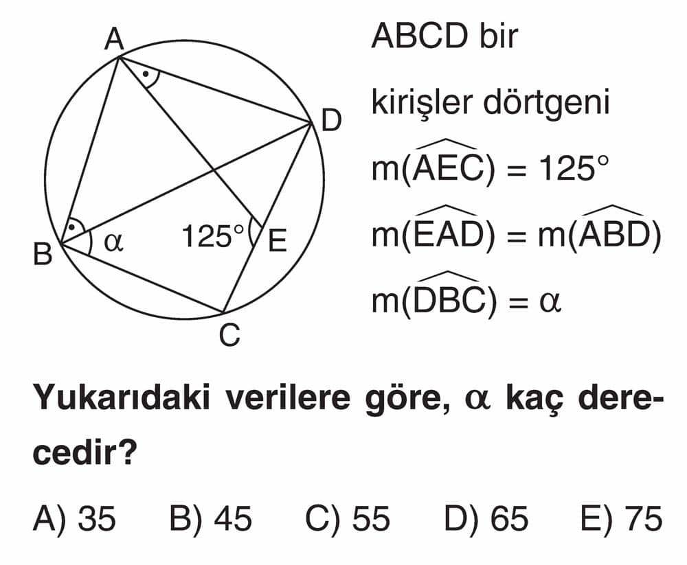 ABCD bir kirişler dörtgeni m(AEC) = 125° m(EAD) = m(ABD) m(DBC) = α Yukarıdaki verilere göre, α kaç