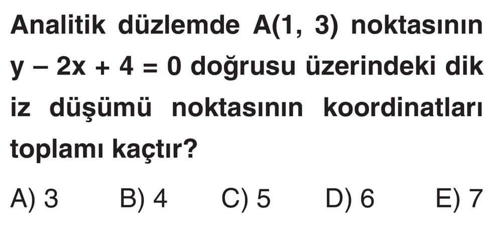 Analitik düzlemde A(1, 3) noktasının y - 2x + 4 = 0 doğrusu üzerindeki dik iz düşümü noktasının