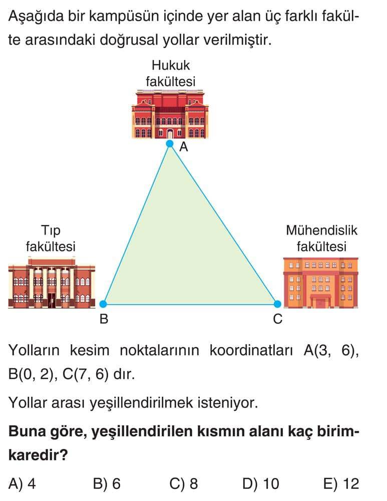 Aşağıda bir kampüsün içinde yer alan üç farklı fakülte arasındaki doğrusal yollar verilmiştir