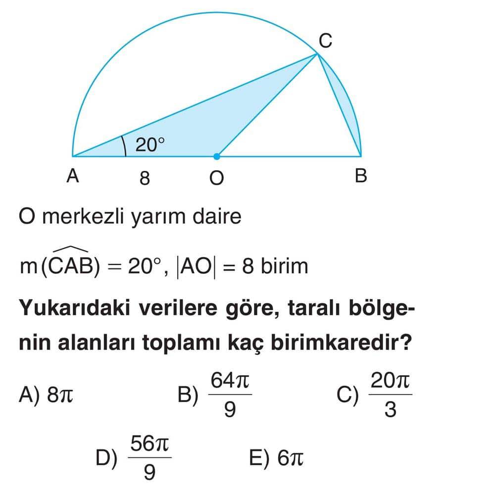 O merkezli yarım daire m(CAB) = 20°, |AO| = 8 birim Yukarıdaki verilere göre, taralı bölgenin