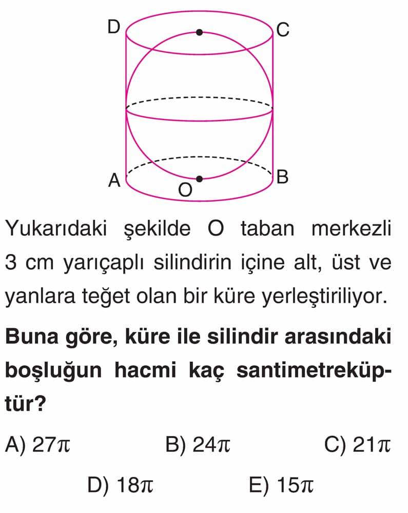 Yukarıdaki şekilde O taban merkezli 3 cm yarıçaplı silindirin içine alt, üst ve yanlara teğet olan