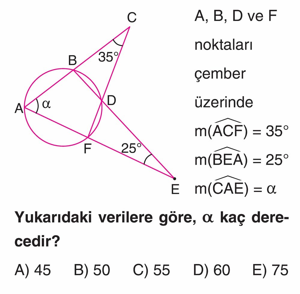 A, B, D ve F noktaları çember üzerinde m(ACF) = 35° m(BEA) = 25° m(CAE) = α Yukarıdaki verilere