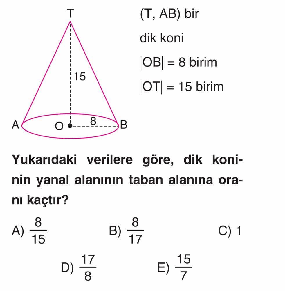 (T, AB) bir dik koni |OB| = 8 birim |OT| = 15 birim Yukarıdaki verilere göre, dik koninin yanal