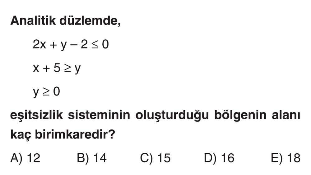 Analitik düzlemde, 2x + y - 2 ≤ 0 x + 5 ≥ y y ≥ 0 eşitsizlik sisteminin oluşturduğu bölgenin alanı
