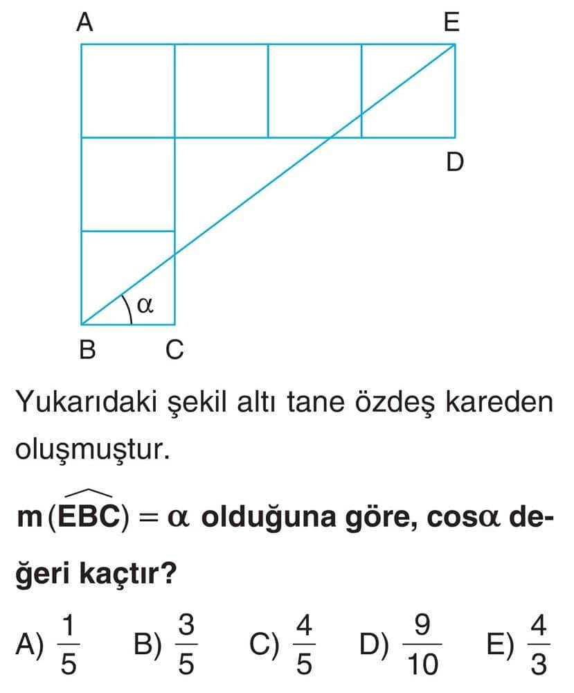 Yukarıdaki şekil altı tane özdeş kareden oluşmuştur. m(EBC) = α olduğuna göre, cosα değeri kaçtır?