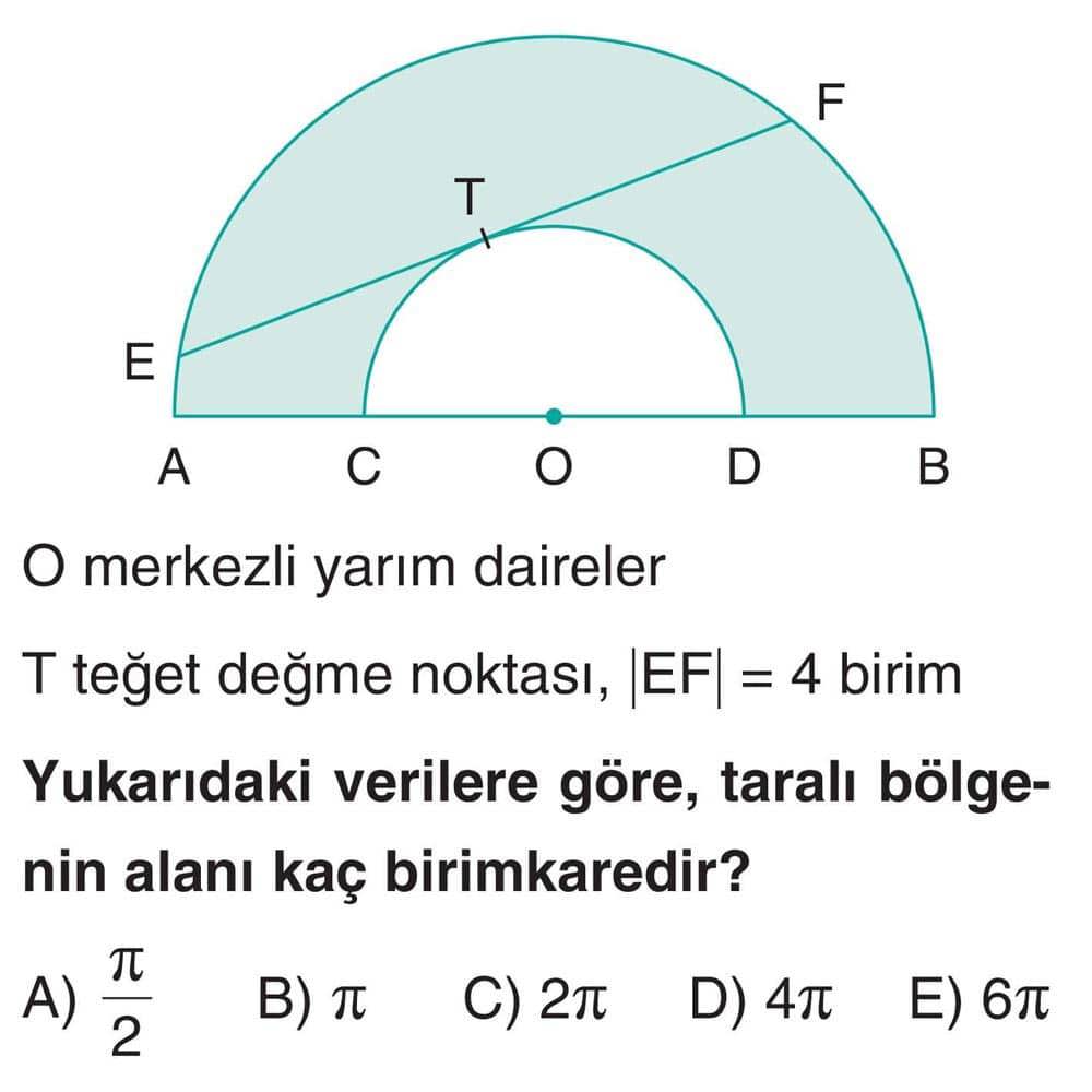 O merkezli yarım daireler T teğet değme noktası, |EF| = 4 birim Yukarıdaki verilere göre, taralı
