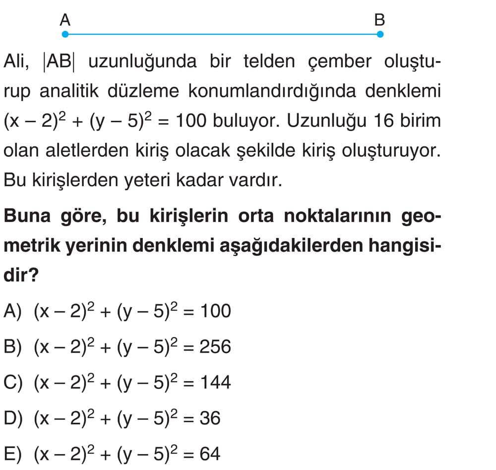 Ali, |AB| uzunluğunda bir telden çember oluşturup analitik düzleme konumlandırdığında denklemi (x −