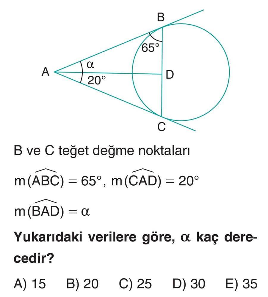 B ve C teğet değme noktaları m(ABC) = 65°, m(CAD) = 20° m(BAD) = α Yukarıdaki verilere göre, α kaç