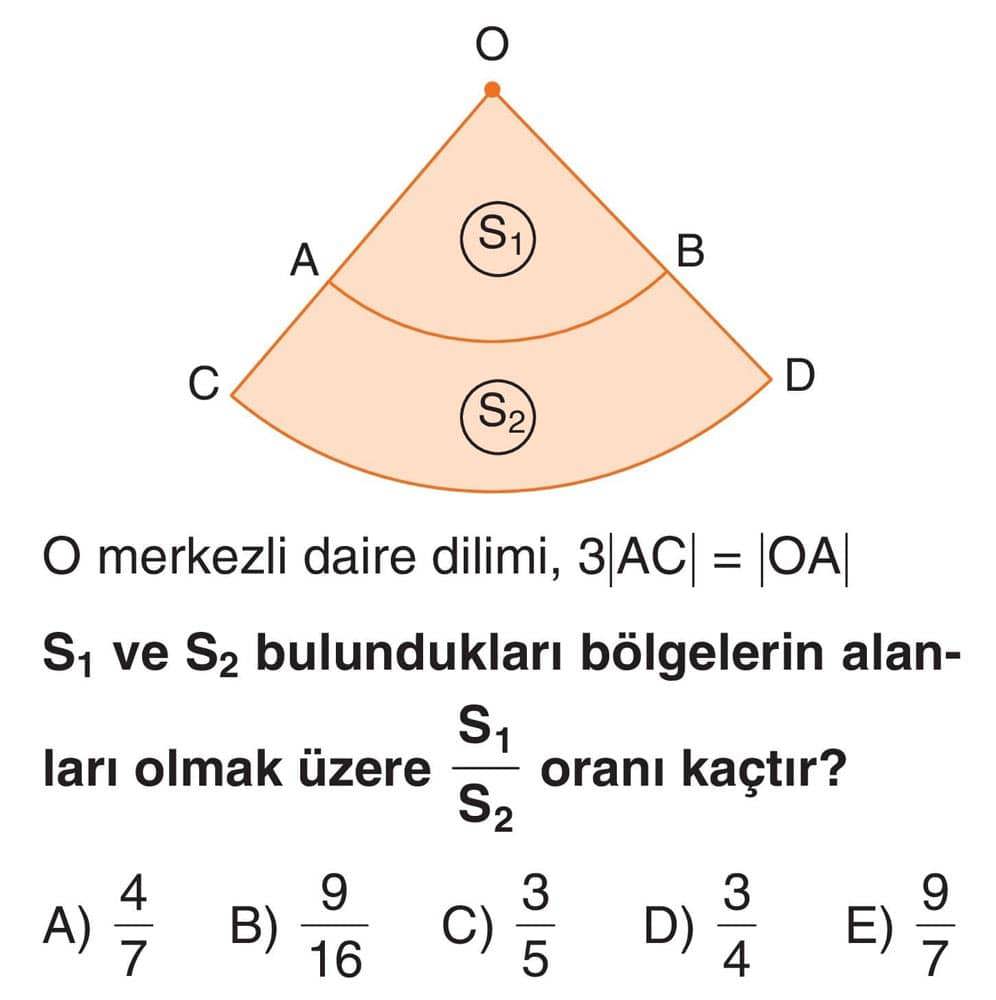O merkezli daire dilimi, 3|AC| = |OA| S₁ ve S₂ bulundukları bölgelerin alanları olmak üzere S₁/S₂