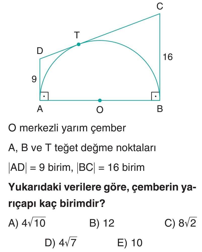 O merkezli yarım çember A, B ve T teğet değme noktaları |AD| = 9 birim, |BC| = 16 birim Yukarıdaki
