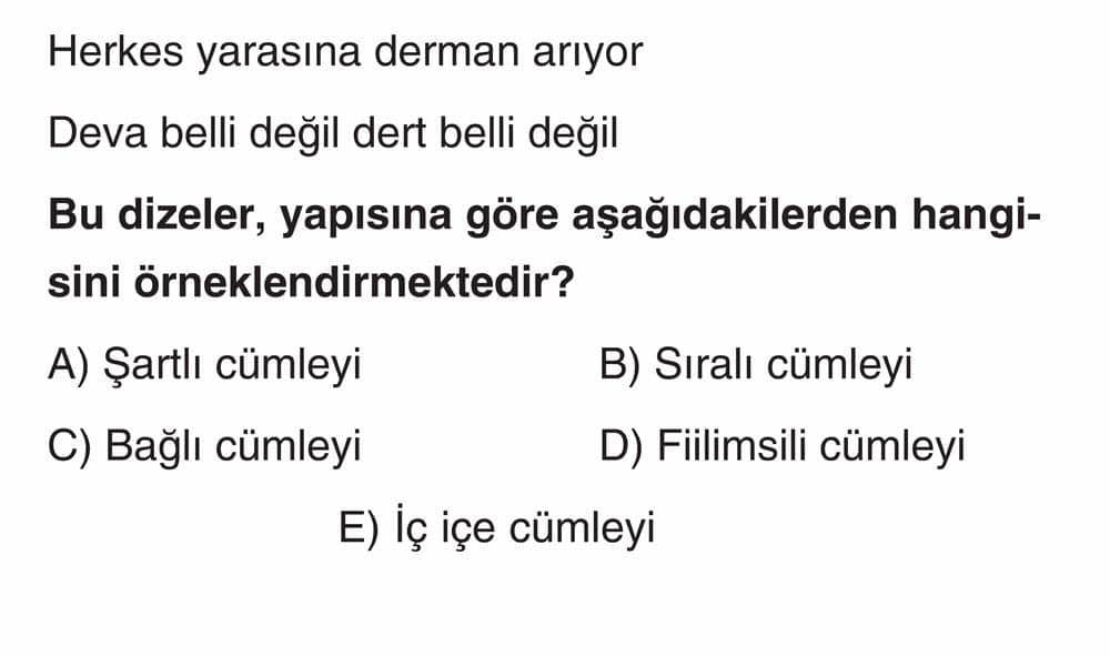 Herkes yarasına derman arıyor Deva belli değil dert belli değil Bu dizeler, yapısına göre
