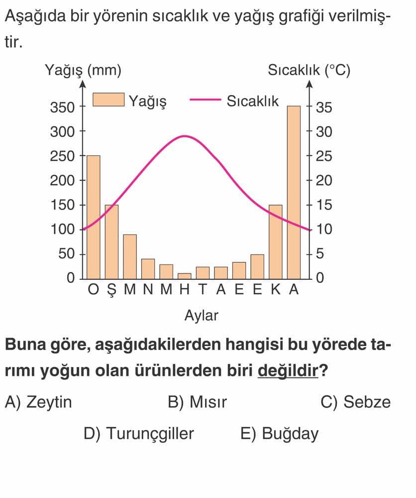 Aşağıda bir yörenin sıcaklık ve yağış grafiği verilmiştir. Buna göre, aşağıdakilerden hangisi bu