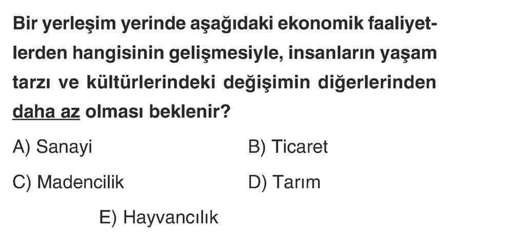 Bir yerleşim yerinde aşağıdaki ekonomik faaliyetlerden hangisinin gelişmesiyle, insanların yaşam
