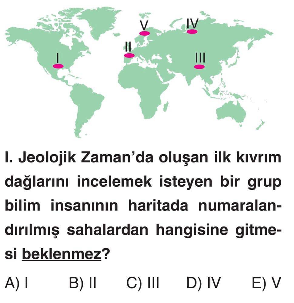 I. Jeolojik Zaman'da oluşan ilk kıvrım dağlarını incelemek isteyen bir grup bilim insanının haritada