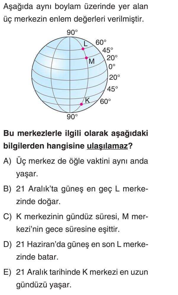 Aşağıda aynı boylam üzerinde yer alan üç merkezin enlem değerleri verilmiştir. Bu merkezlerle ilgili