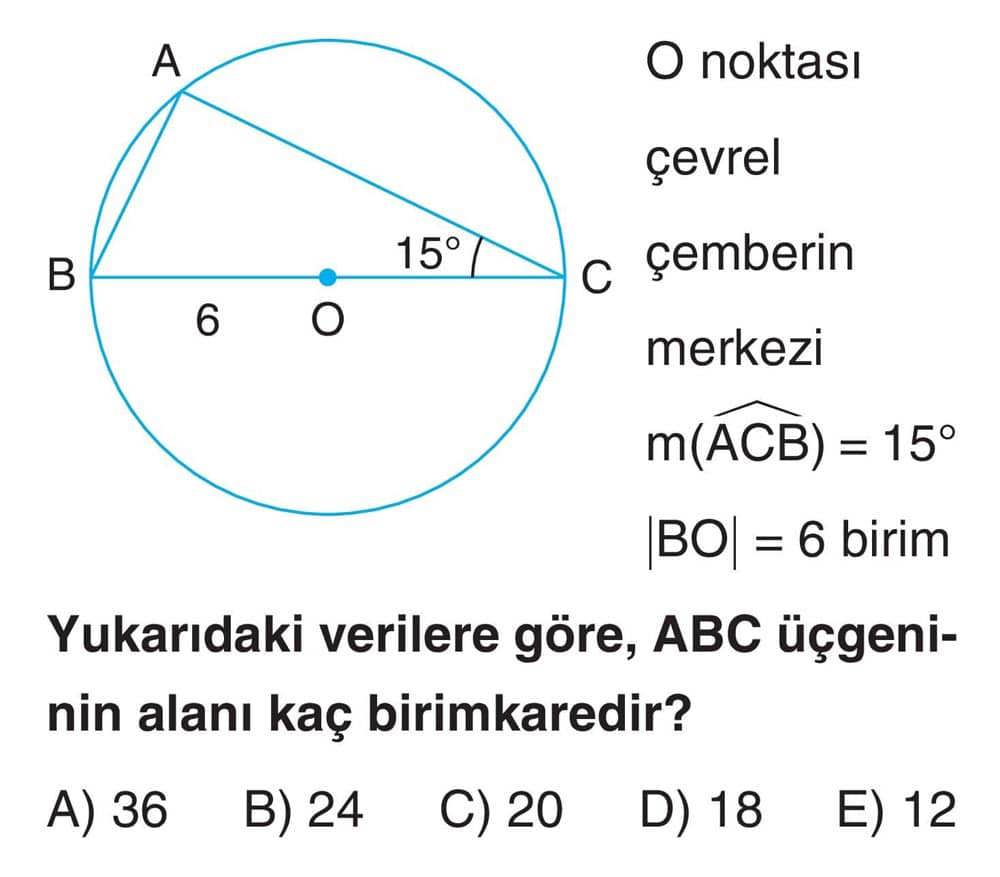O noktası çevrel çemberin merkezi m(ACB) = 15° |BO| = 6 birim Yukarıdaki verilere göre, ABC
