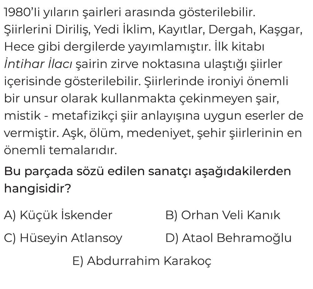 1980'li yılların şairleri arasında gösterilebilir. Şiirlerini Diriliş, Yedi İklim, Kayıtlar, Dergah