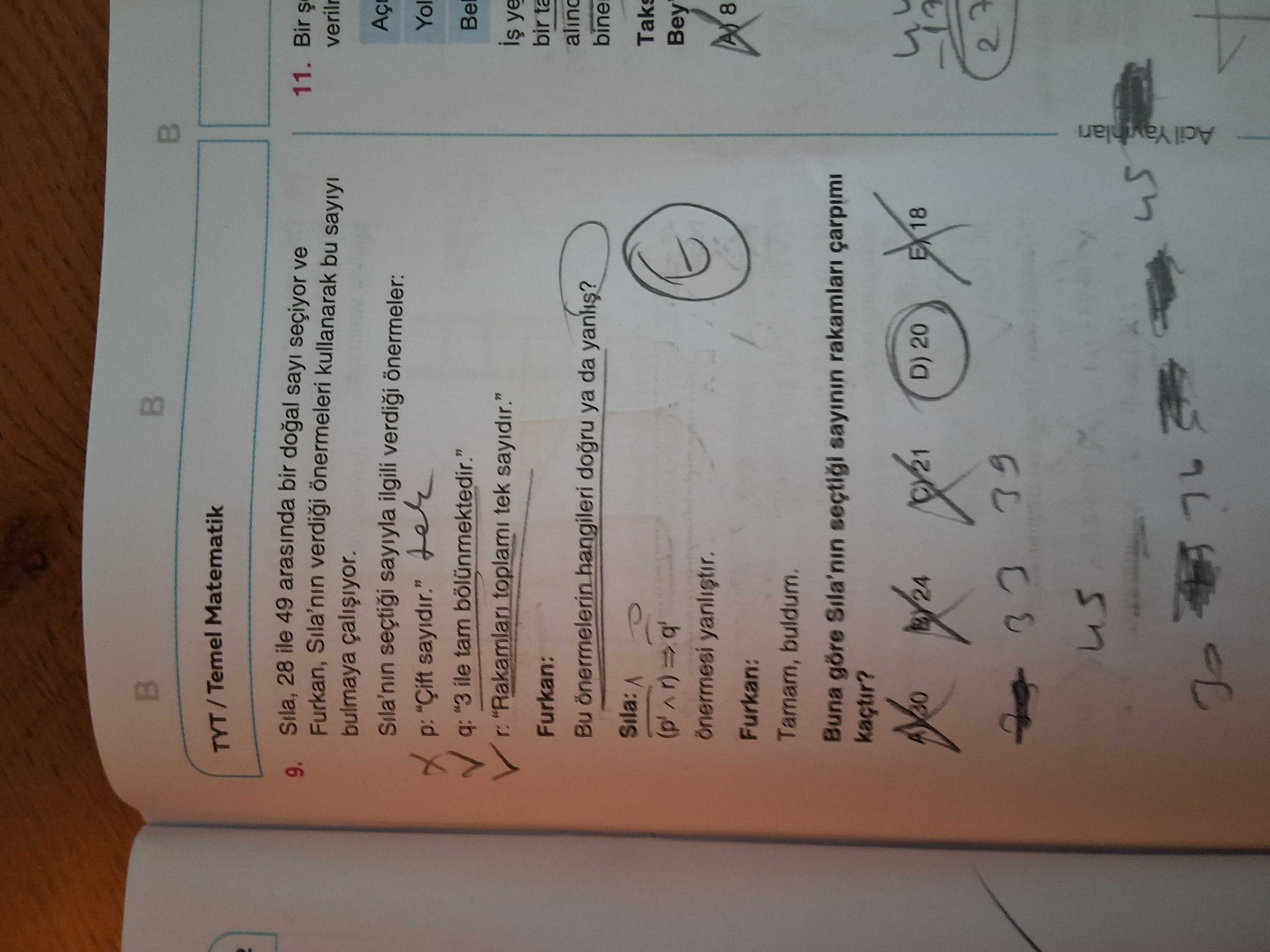 Sıla, 28 ile 49 arasında bir doğal sayı seçiyor ve Furkan, Sıla'nın verdiği önermeleri kullanarak bu