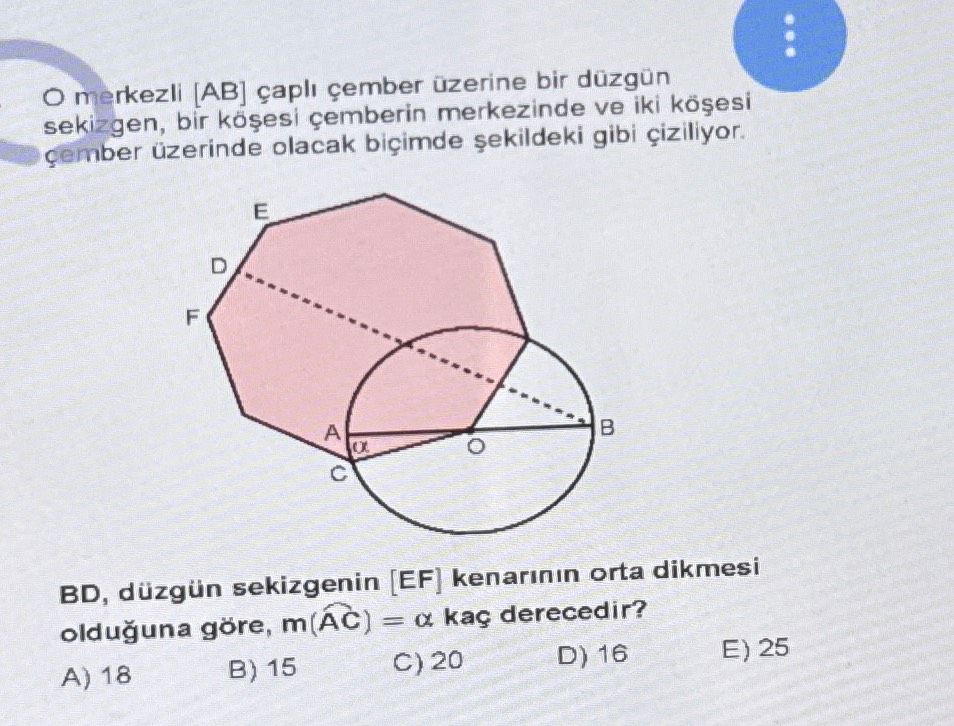 çaplı çember üzerinde, bir köşesi çemberin merkezinde (O) ve iki köşesi (A ve