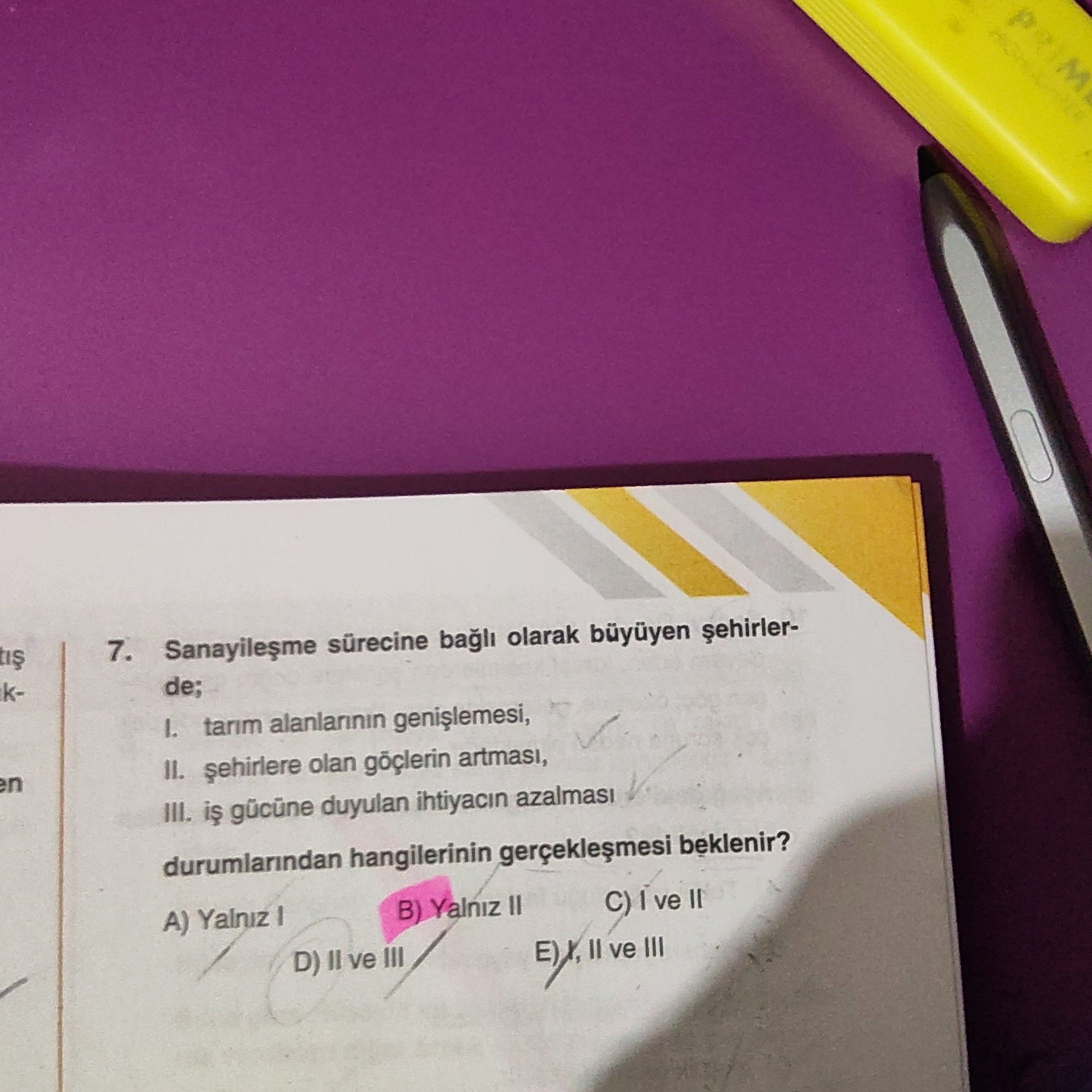 Sanayileşme sürecine bağlı olarak büyüyen şehirlerde; I. tarım alanlarının genişlemesi, II