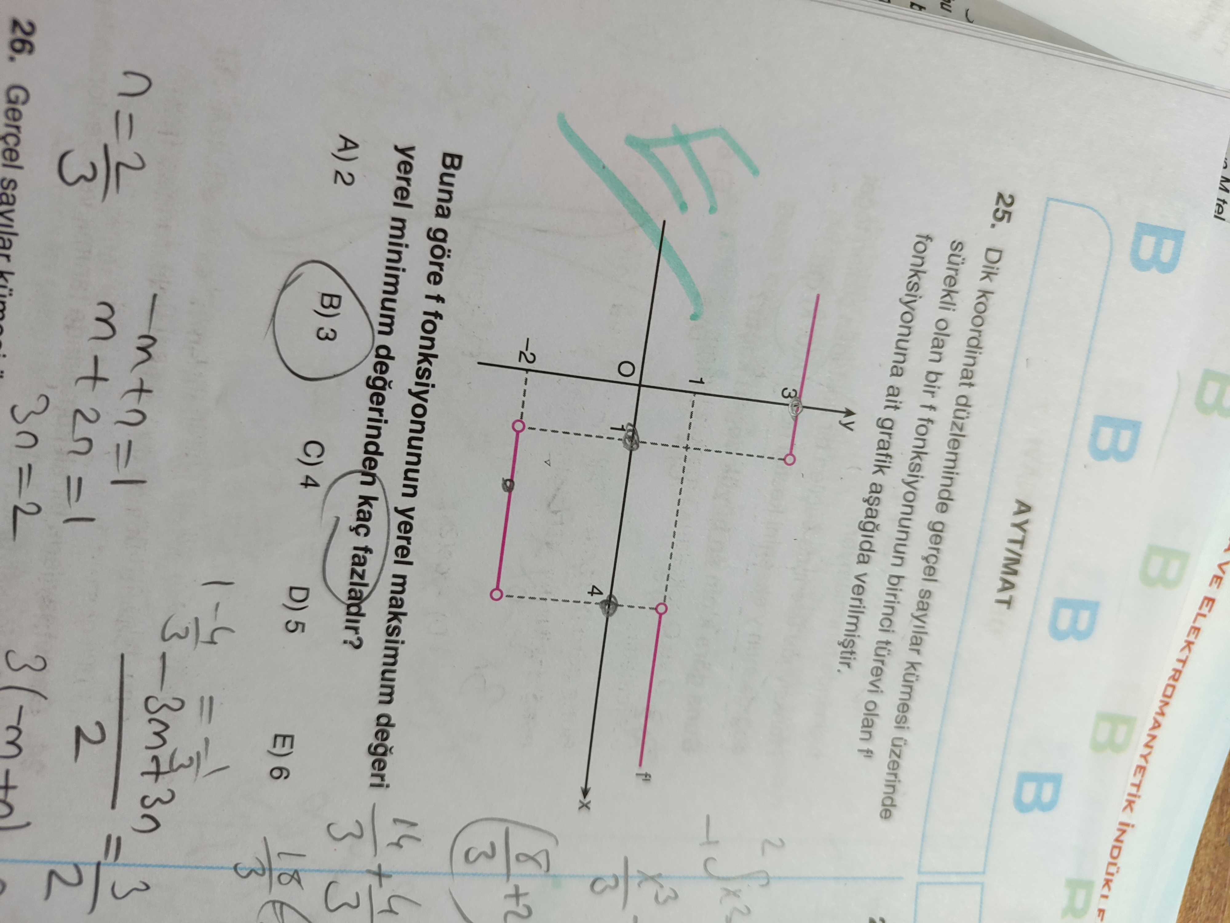 VE ELEKTROMANYETIK F M AYT/MAT 25. Dik koordinat düzleminde sayilar kümesi üzerinde sürekli olan bir f fonksiyonunun birinci türevi olan fonksiyonuna ait grafik 2 3 1 4 +2 3 Buna göre f fonksiyonunun yerel maksimum degeri yerel minimum degerinden kaç fazladir. E) 6 D) 5 C) 4 B) 3 A) 2 26. savilar VE ELEKTROMANYETIK F M AYT/MAT 25. savilar. ?? Model.Question.title