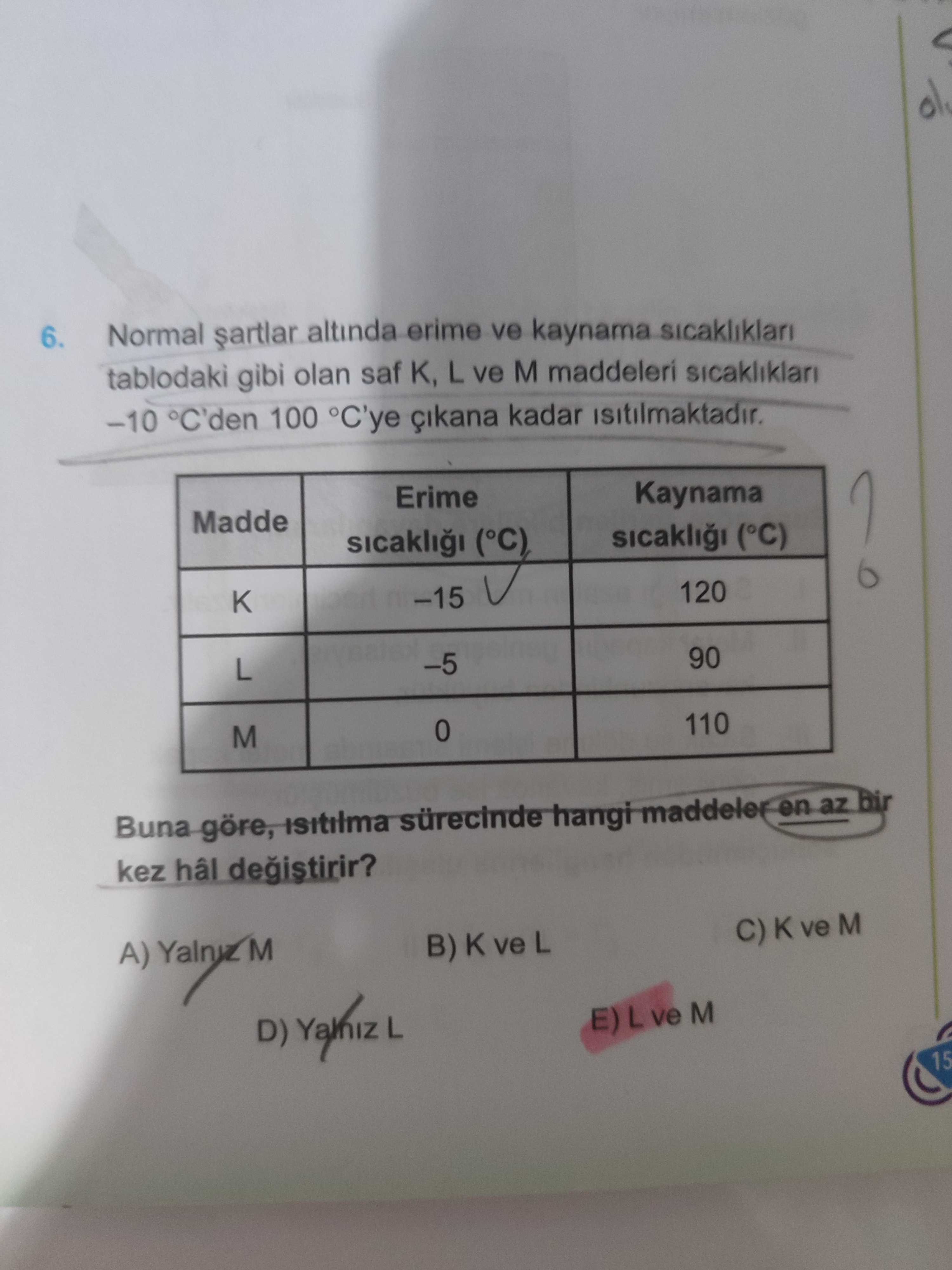 Normal şartlar altında erime ve kaynama sıcaklıkları tablodaki gibi olan saf K, L ve M maddeleri