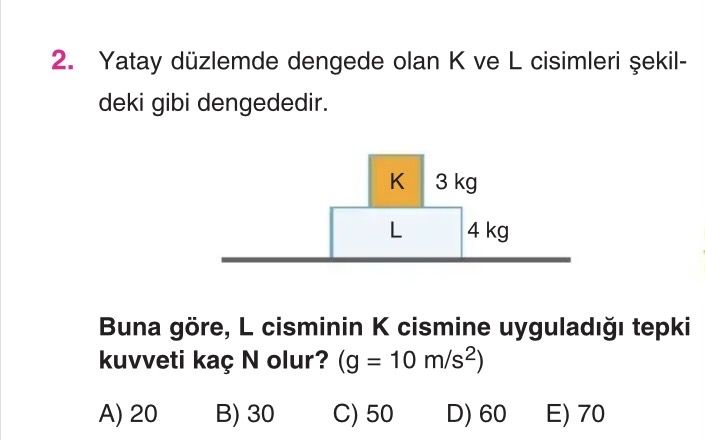 Yatay düzlemde dengede olan K ve L cisimleri şekildeki gibi dengededir. Buna göre, L cisminin K
