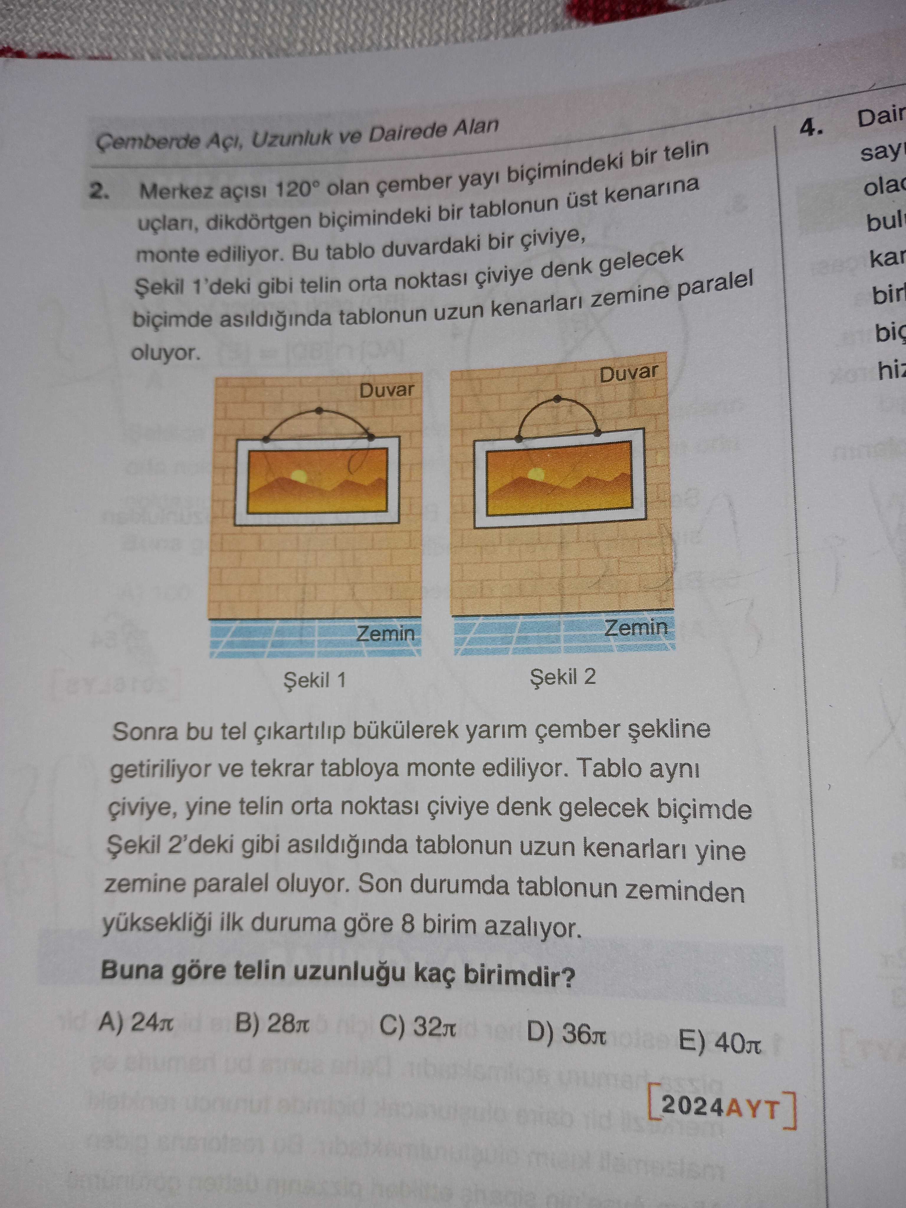 Çemberde Açı, Uzunluk ve Dairede Alan 2. Merkez açısı 120° olan çember yayı biçimindeki bir telin