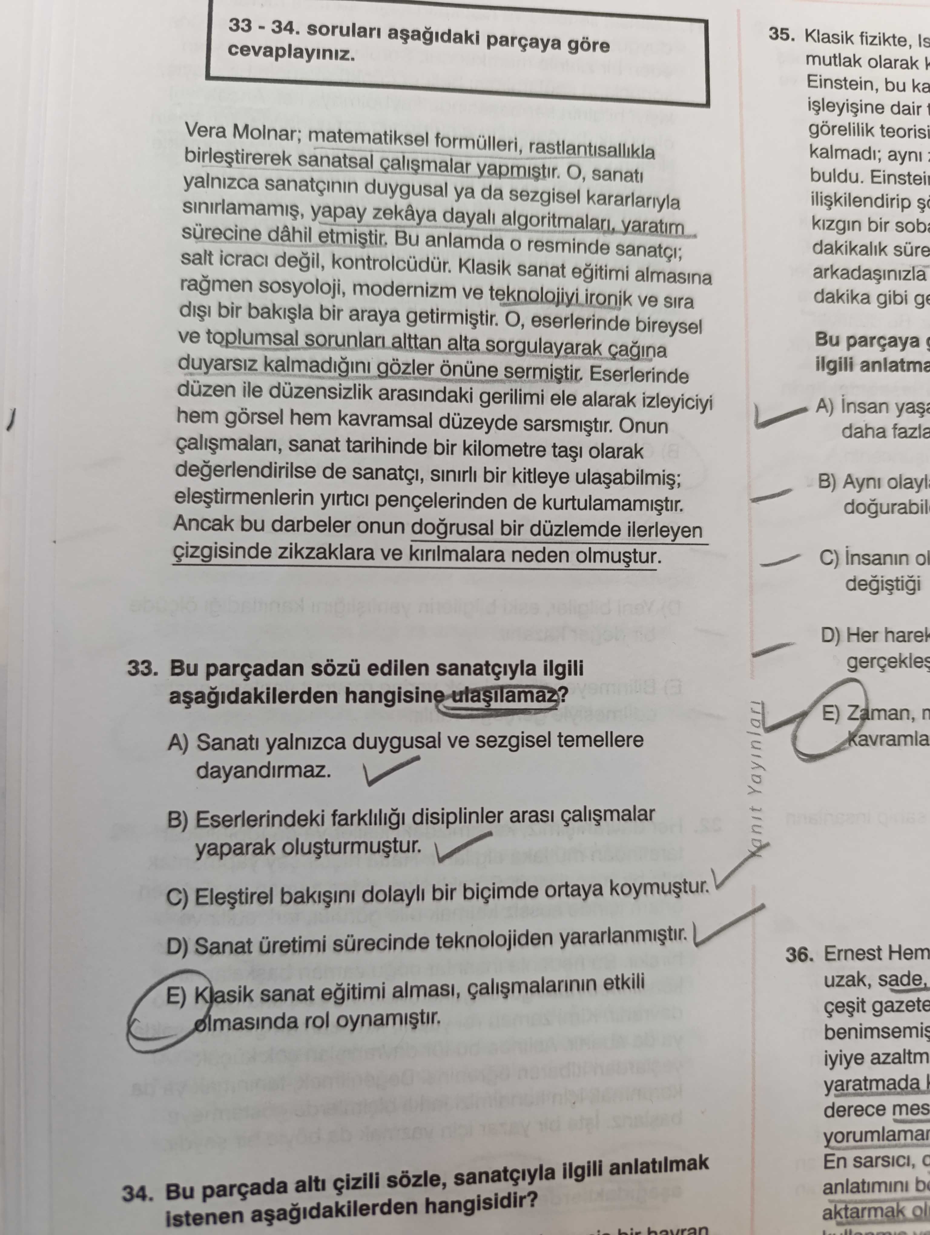 33 - 34. soruları aşağıdaki parçaya göre cevaplayınız. Vera Molnar; matematiksel formülleri