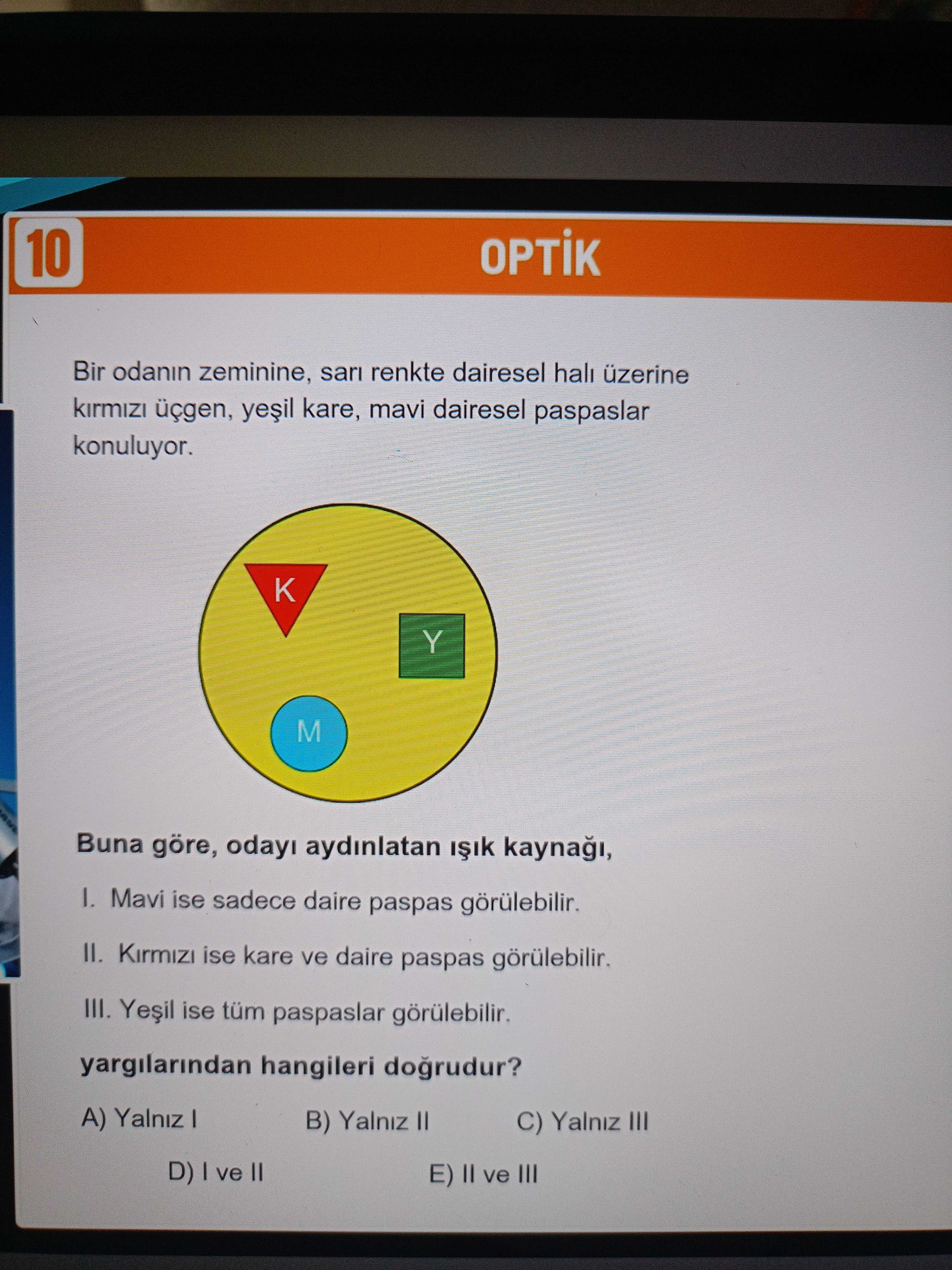 Bir odanın zeminine, sarı renkte dairesel halı üzerine kırmızı üçgen, yeşil kare, mavi dairesel