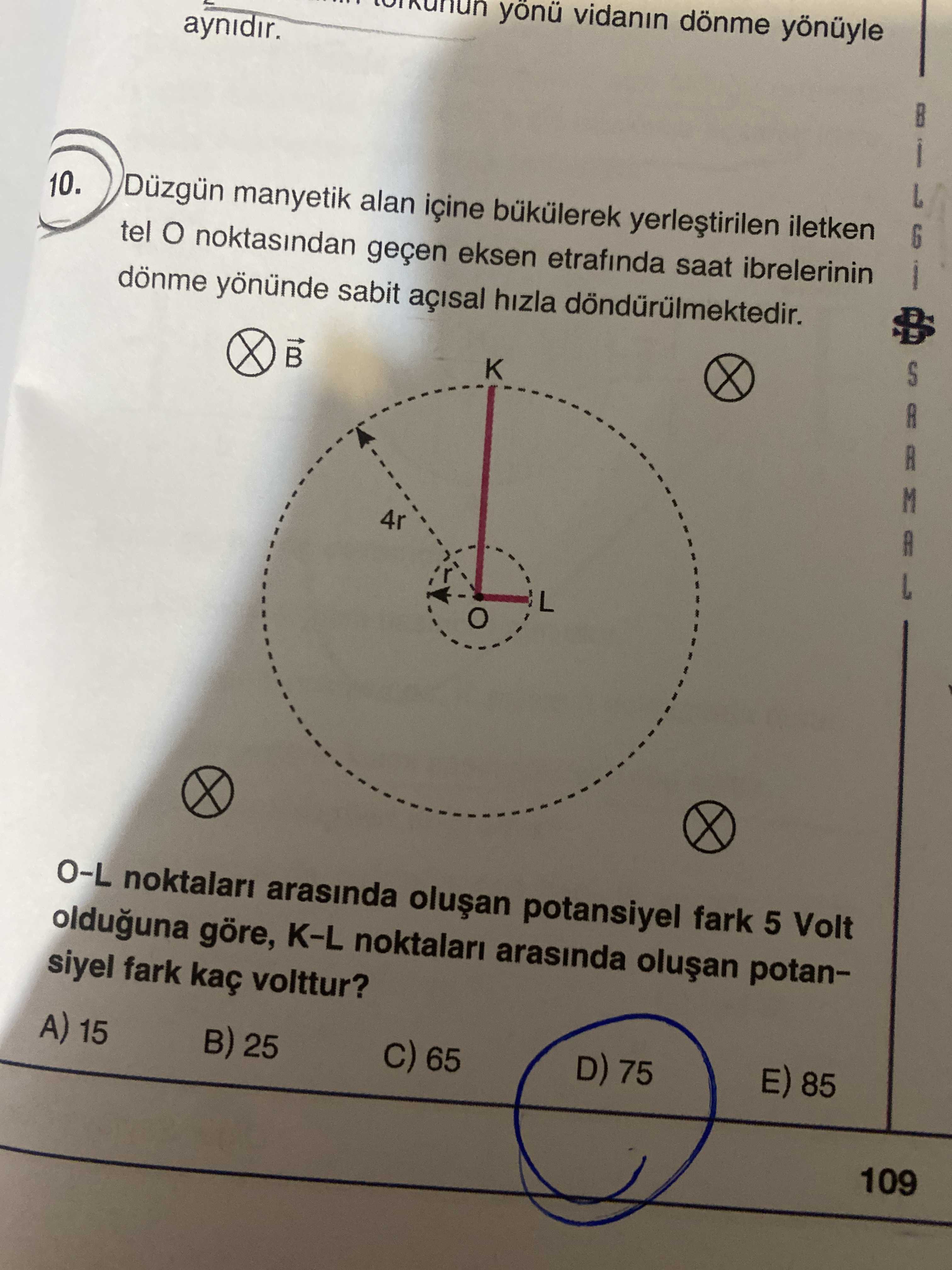 Düzgün manyetik alan içine bükülerek yerleştirilen iletken tel O noktasından geçen eksen etrafında