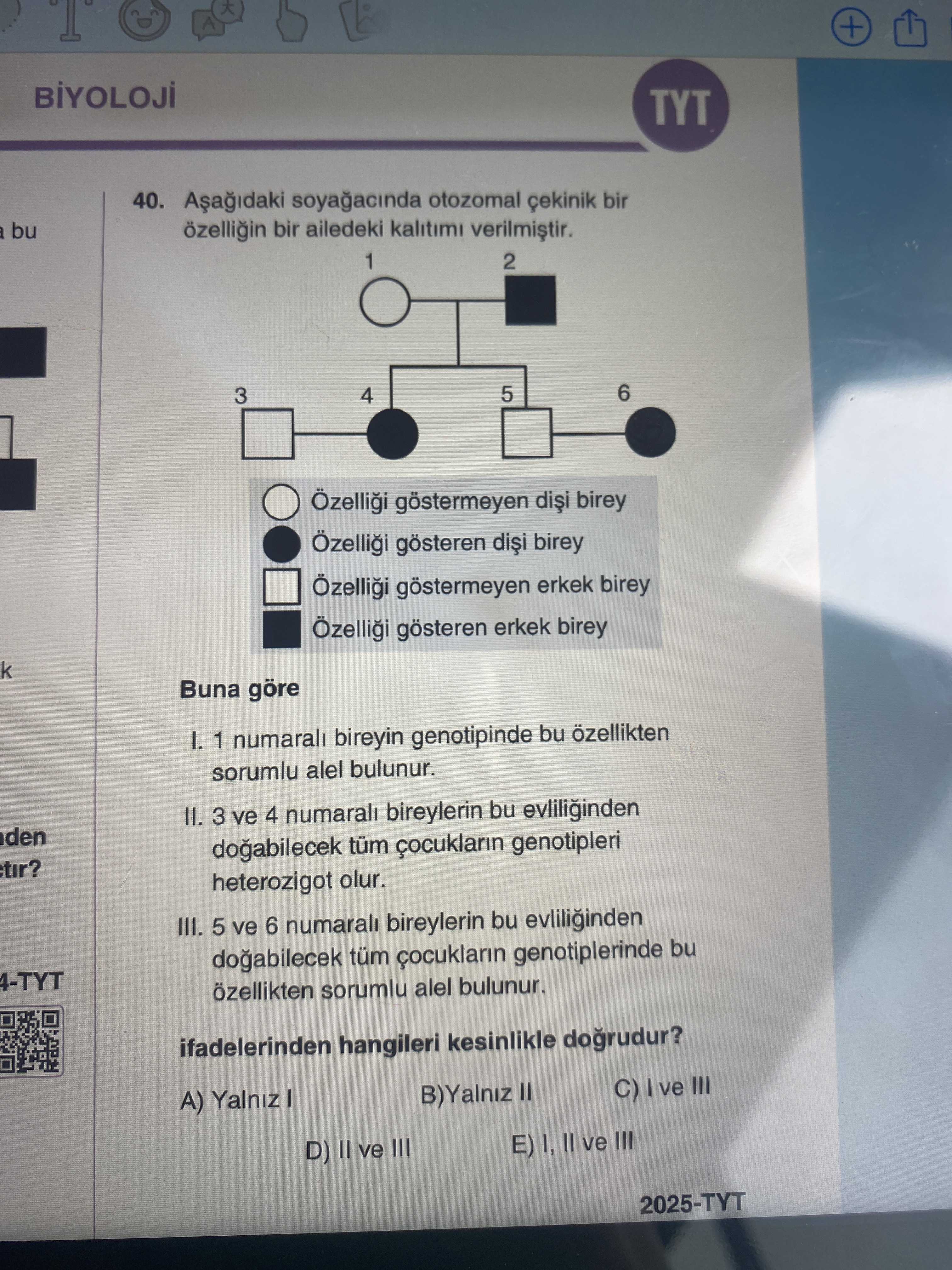 Aşağıdaki soyağacında otozomal çekinik bir özelliğin bir ailedeki kalıtımı verilmiştir. ○ Özelliği