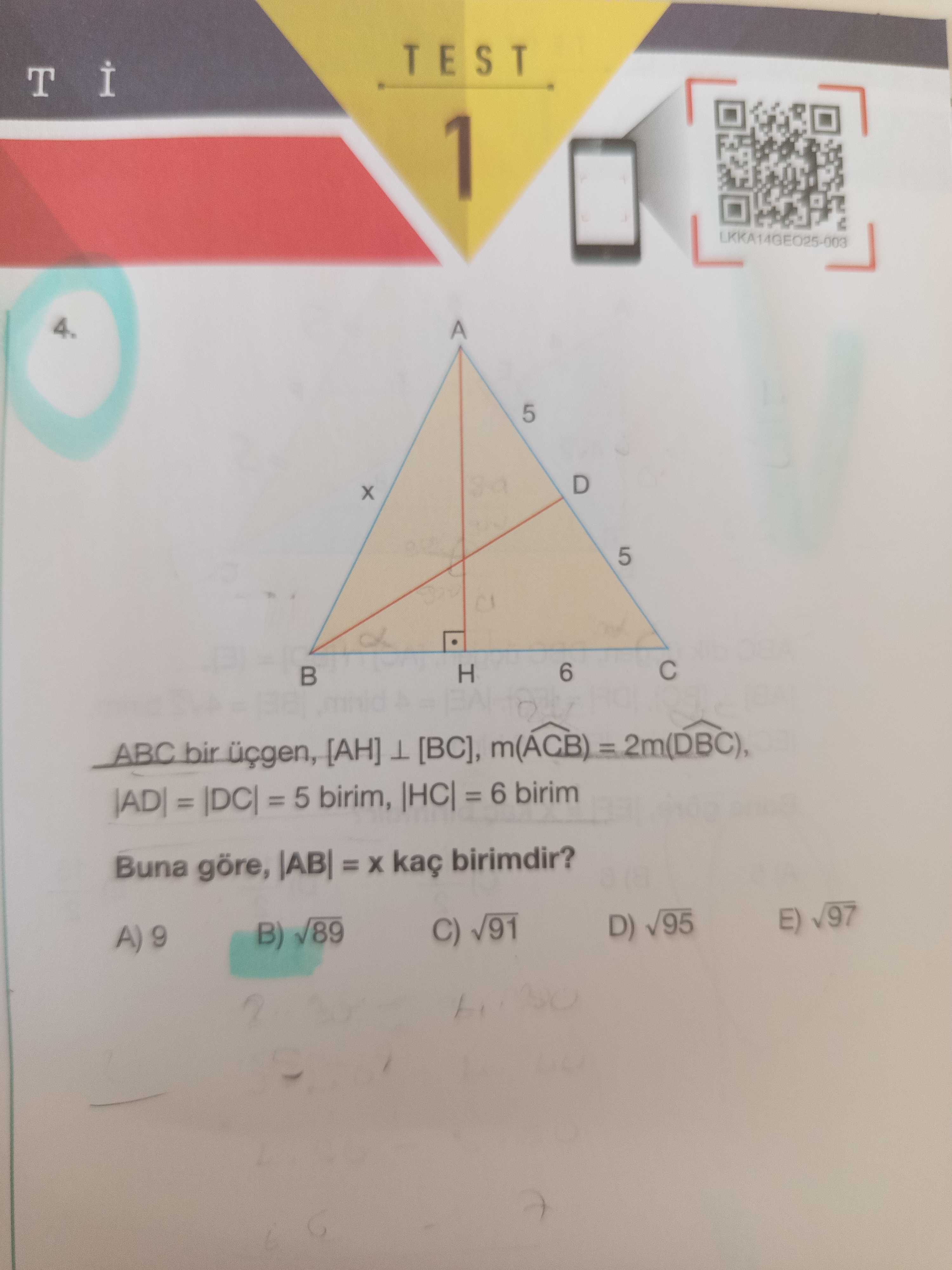 yüksekliği ve D noktasına çizilmiş doğru gösteriliyor. |AD| = |DC| = 5, |HC| = 6, |AB| = x olarak