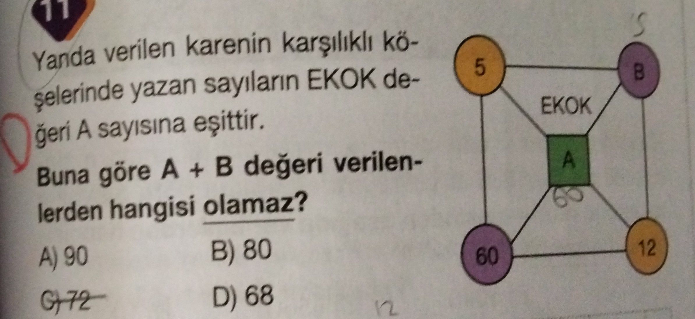 Yanda verilen karenin karşılıklı köşelerinde yazan sayıların EKOK değeri A sayısına eşittir. Buna