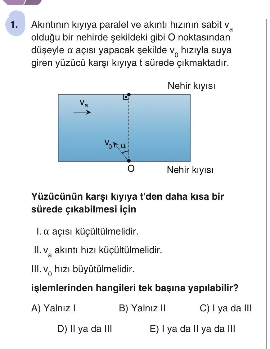 Akıntının kıyıya paralel ve akıntı hızının sabit v_a olduğu bir nehirde şekildeki gibi O noktasından