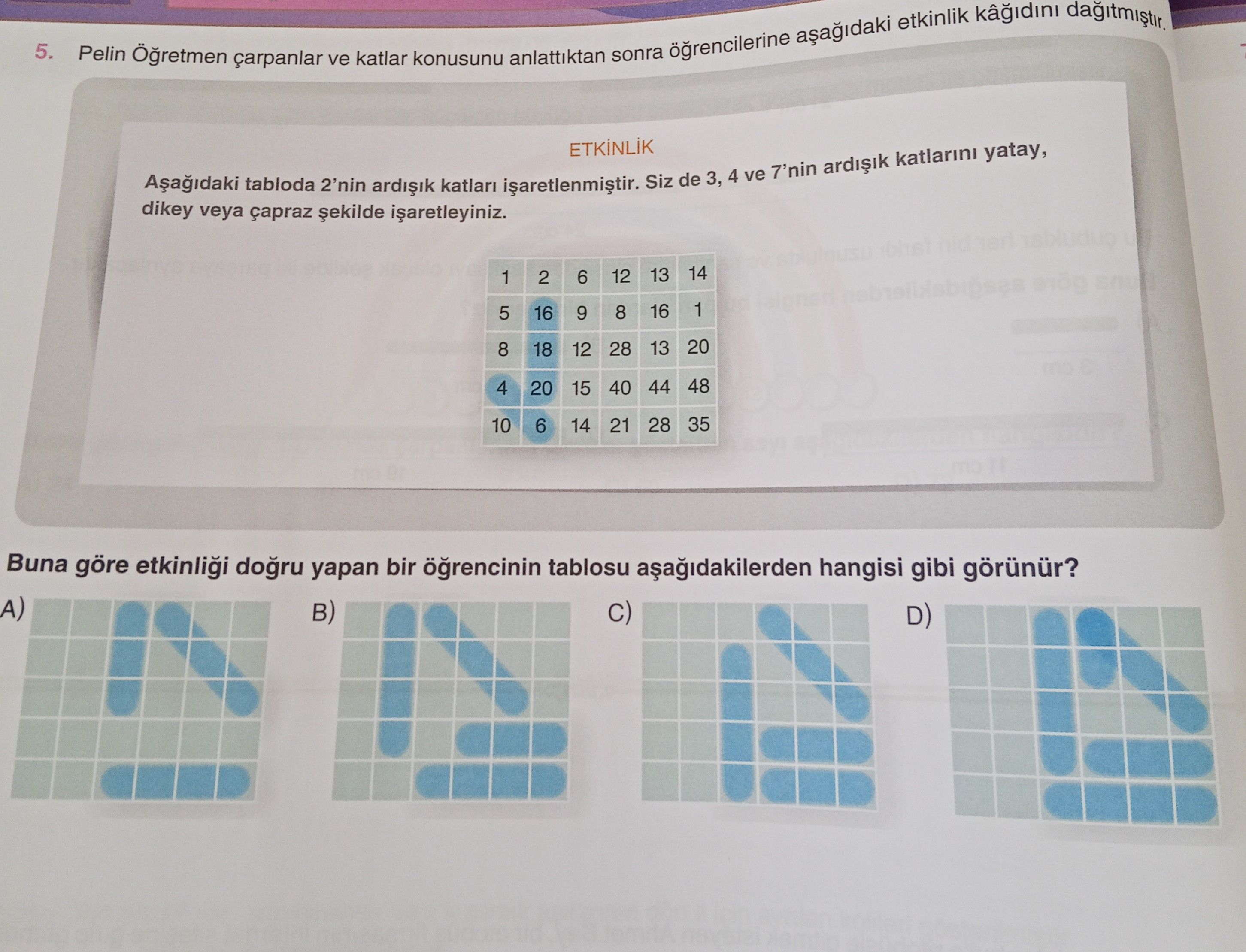 Pelin Öğretmen çarpanlar ve katlar konusunu anlattıktan sonra öğrencilerine aşağıdaki etkinlik