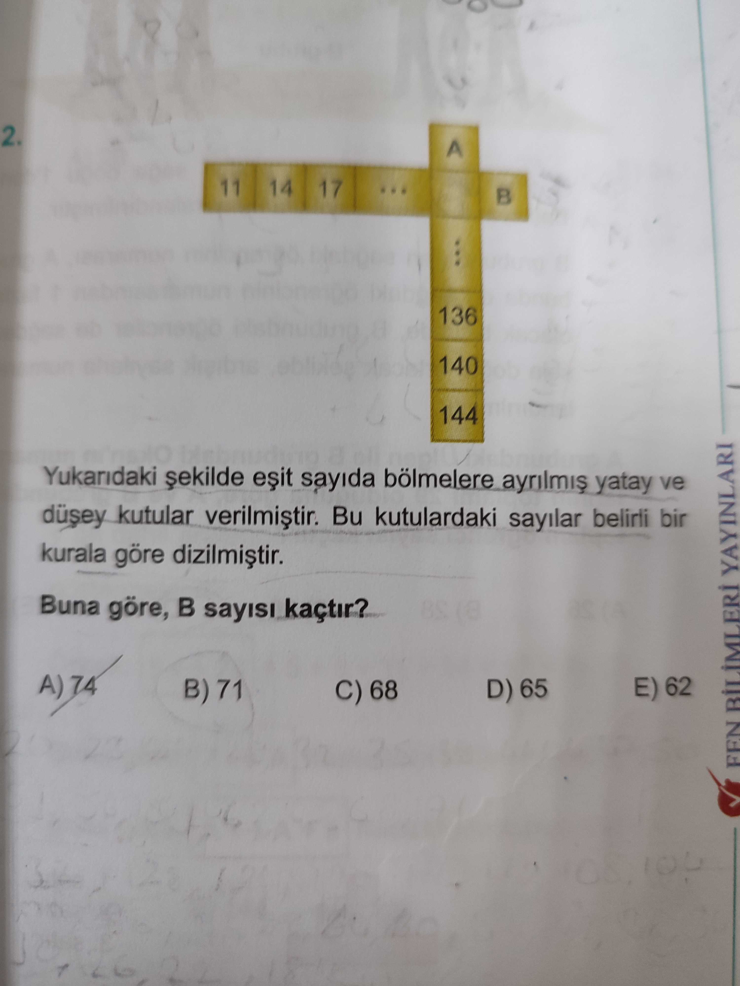 2. A 11 14 17 136 140 144 Yukaridaki sayida bölmelere yatay ve kutular Bu kutulardaki sayilar belirli bir kurala göre Buna göre, sayisi kaçtir. E) 62 B) 71 D) 65 C) 68 BILIMLERI YAYINLARI 2. E) 62 B) 71 D) 65 C) 68 BILIMLERI YAYINLARI. ?? Model.Question.title