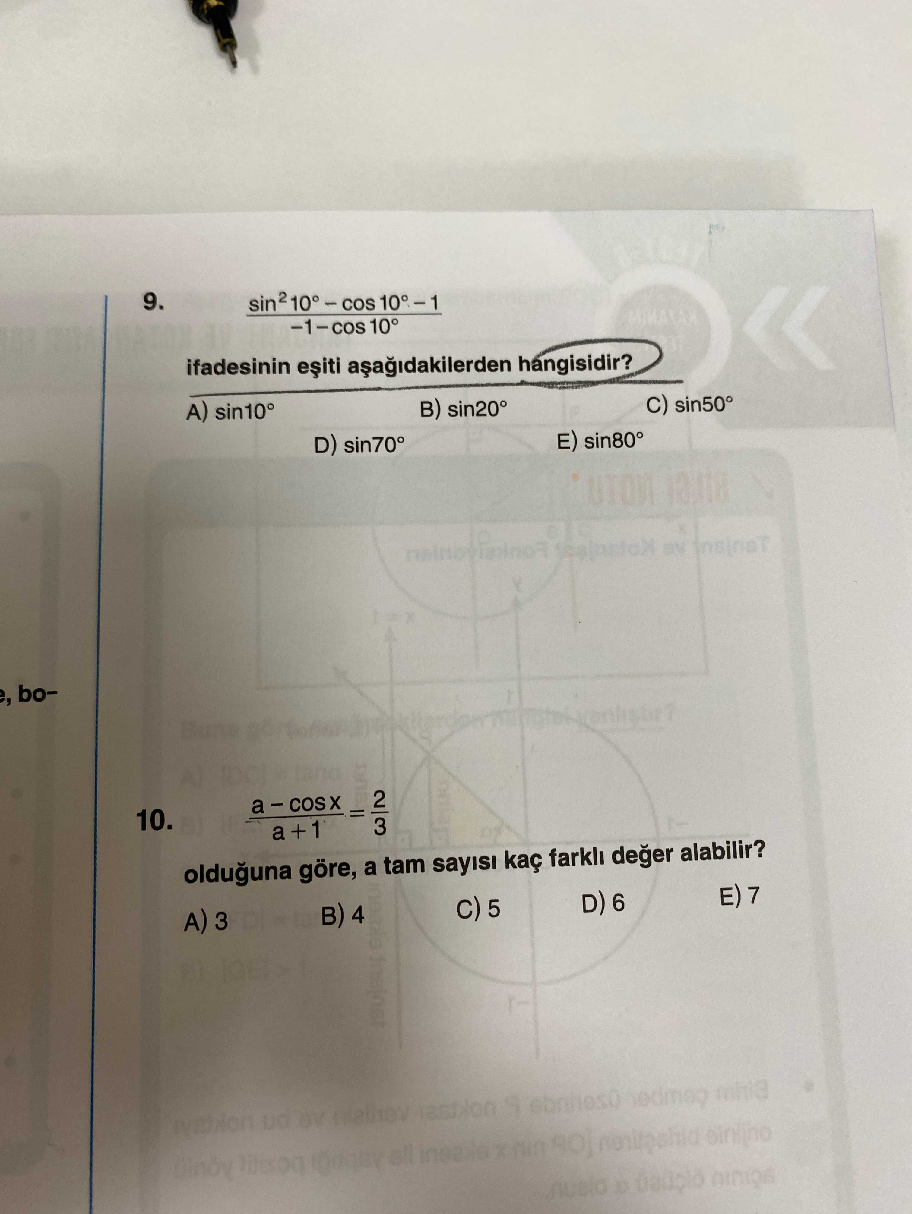 (sin²10° – cos10° – 1) / (–1 – cos10°) ifadesinin eşiti aşağıdakilerden hangisidir?