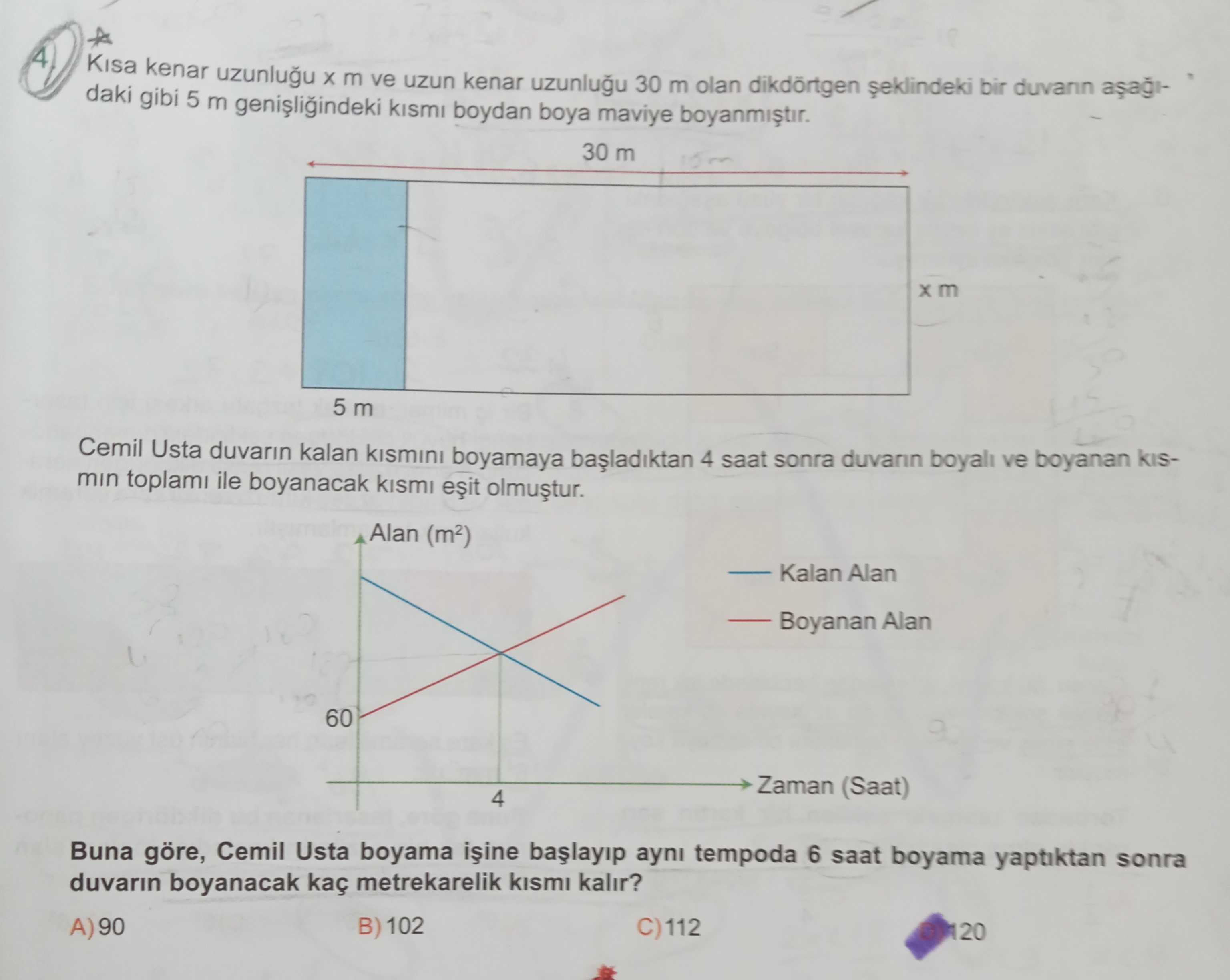 Kısa kenar uzunluğu x m ve uzun kenar uzunluğu 30 m olan dikdörtgen şeklindeki bir duvarın aşağıdaki
