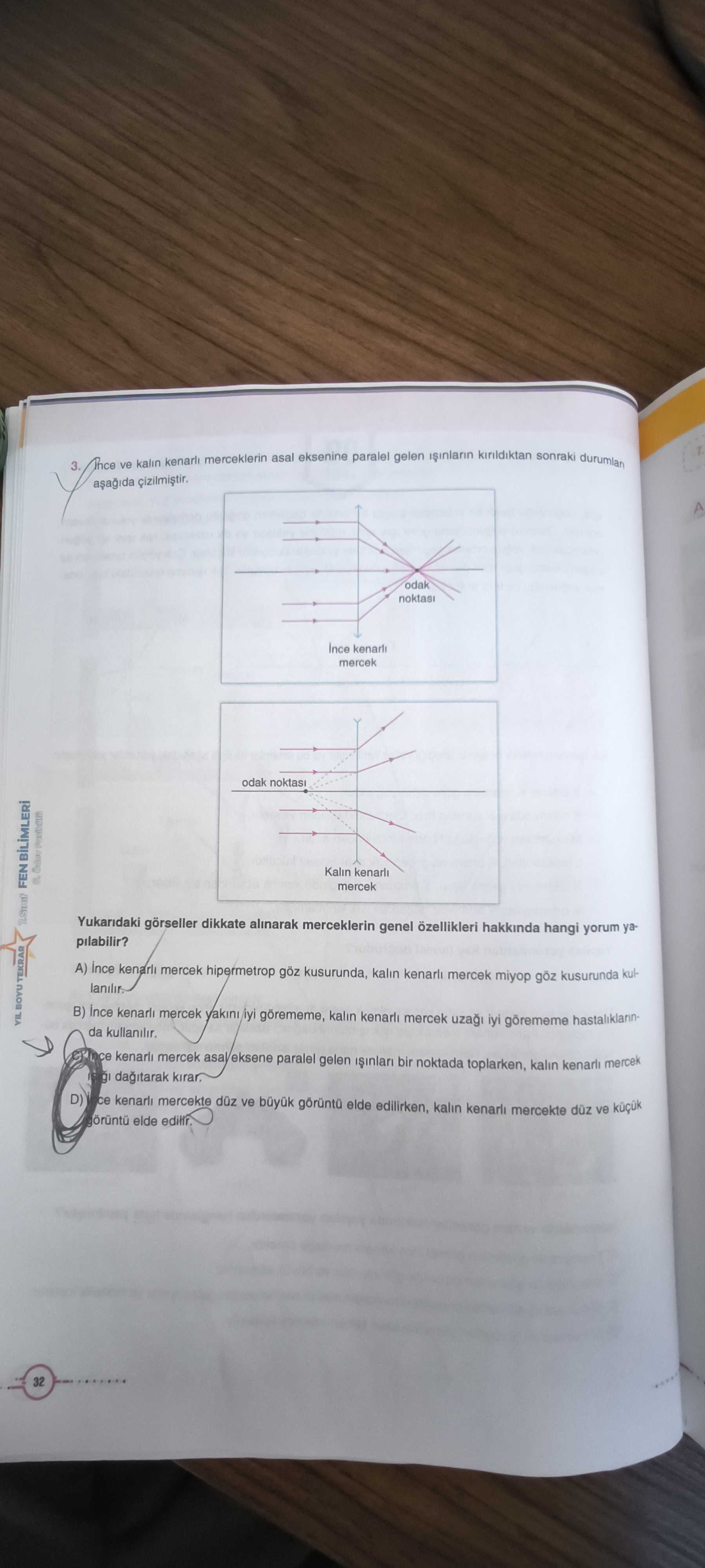 İnce ve kalın kenarlı merceklerin asal eksenine paralel gelen ışınların kırıldıktan sonraki