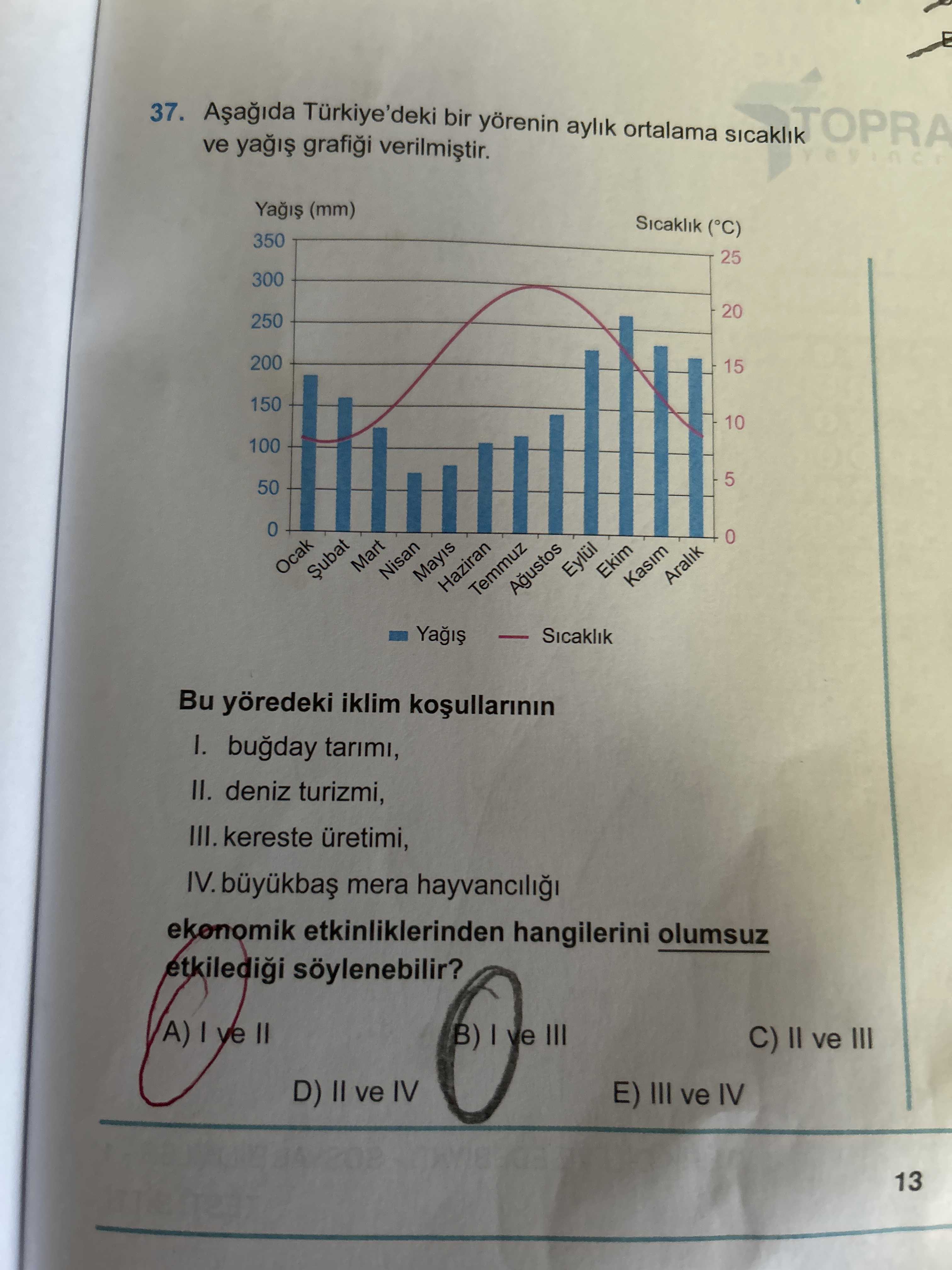 Aşağıda Türkiye'deki bir yörenin aylık ortalama sıcaklık ve yağış grafiği verilmiştir. Bu yöredeki