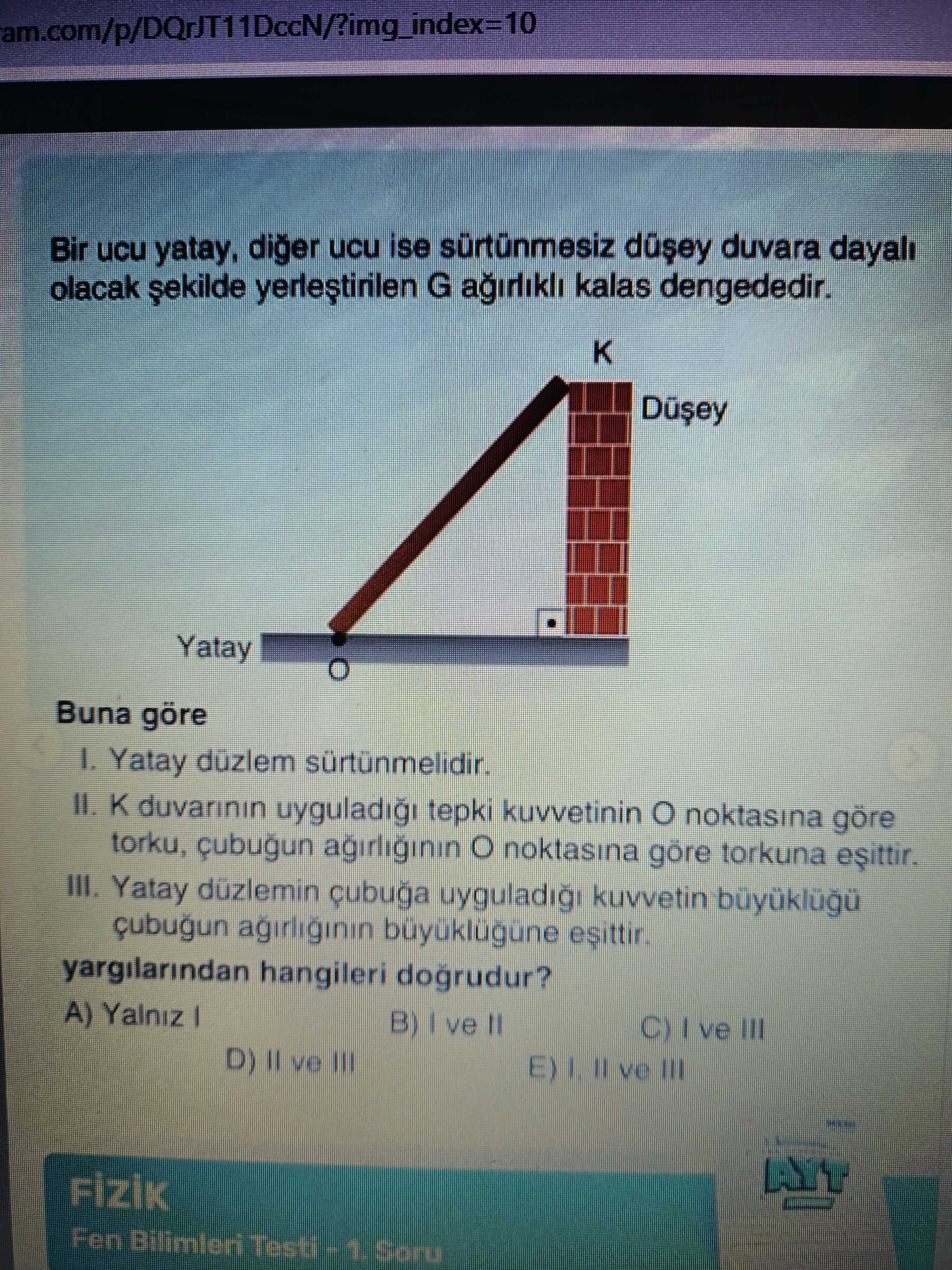 Bir ucu yatay, diğer ucu ise sürtünmesiz düşey duvara dayalı olacak şekilde yerleştirilen G