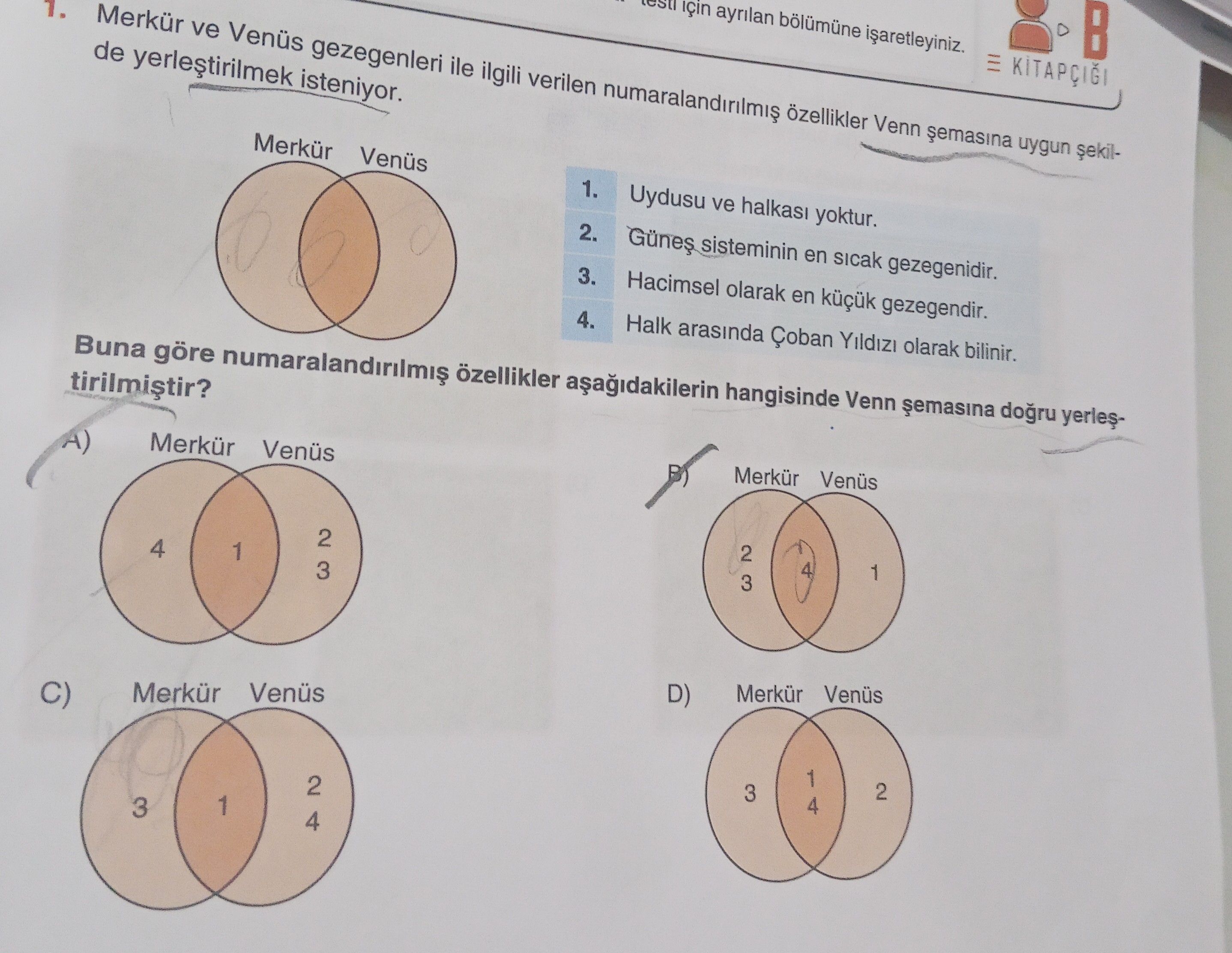 Merkür ve Venüs gezegenleri ile ilgili verilen numaralandırılmış özellikler Venn şemasına uygun