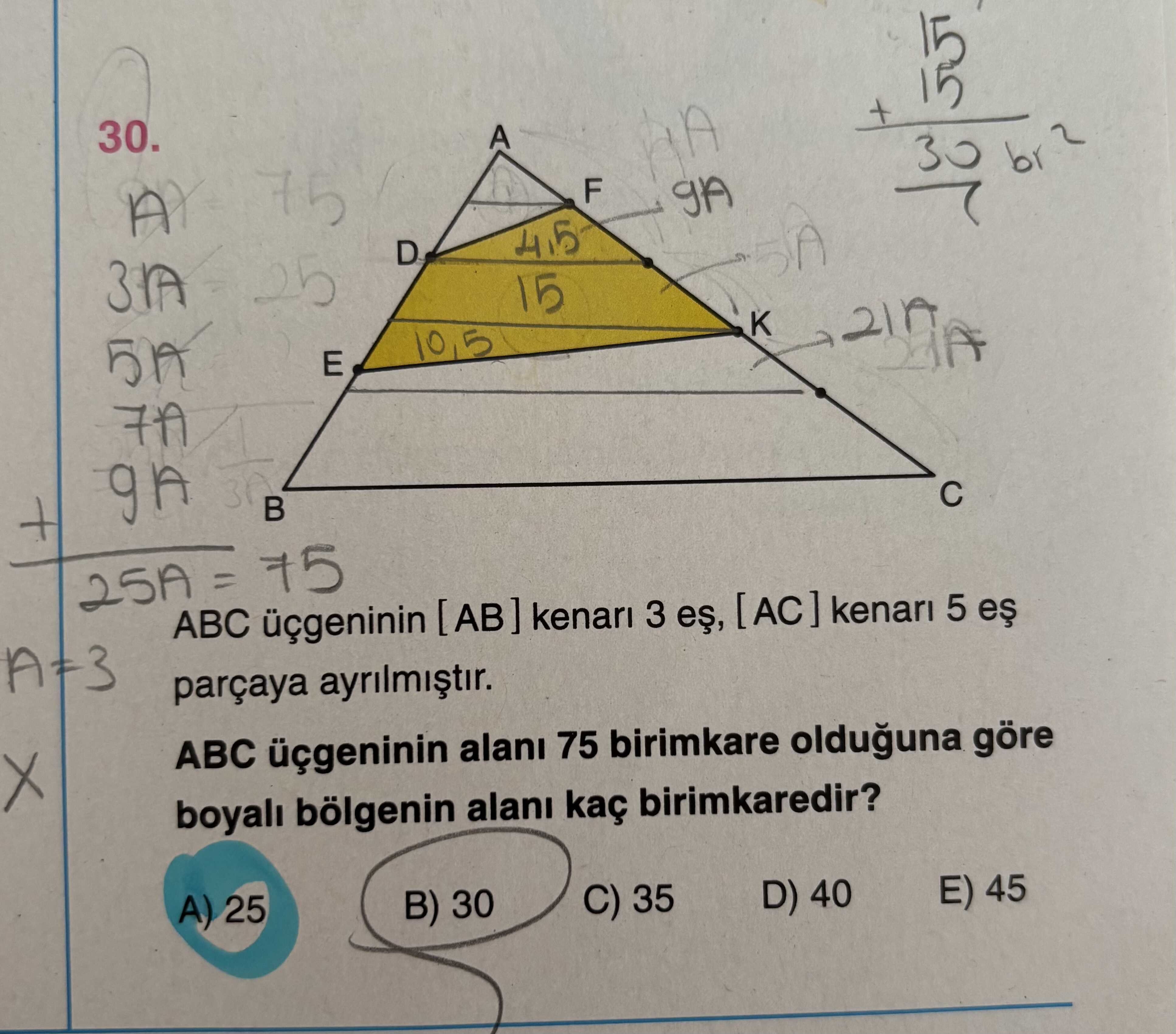ABC üçgeninin [AB] kenarı 3 eş, [AC] kenarı 5 eş parçaya ayrılmıştır. ABC üçgeninin alanı 75