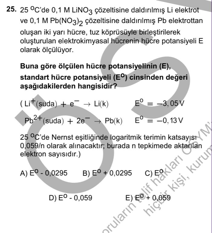 25 °C'de 0,1 M LiNO₃ çözeltisine daldırılmış Li elektrot ve 0,1 M Pb(NO₃)₂ çözeltisine daldırılmış