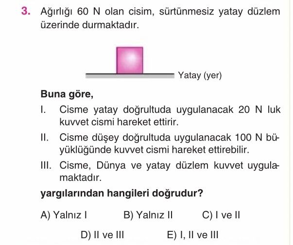 Ağırlığı 60 N olan cisim, sürtünmesiz yatay düzlem üzerinde durmaktadır. Buna göre, I. Cisme yatay