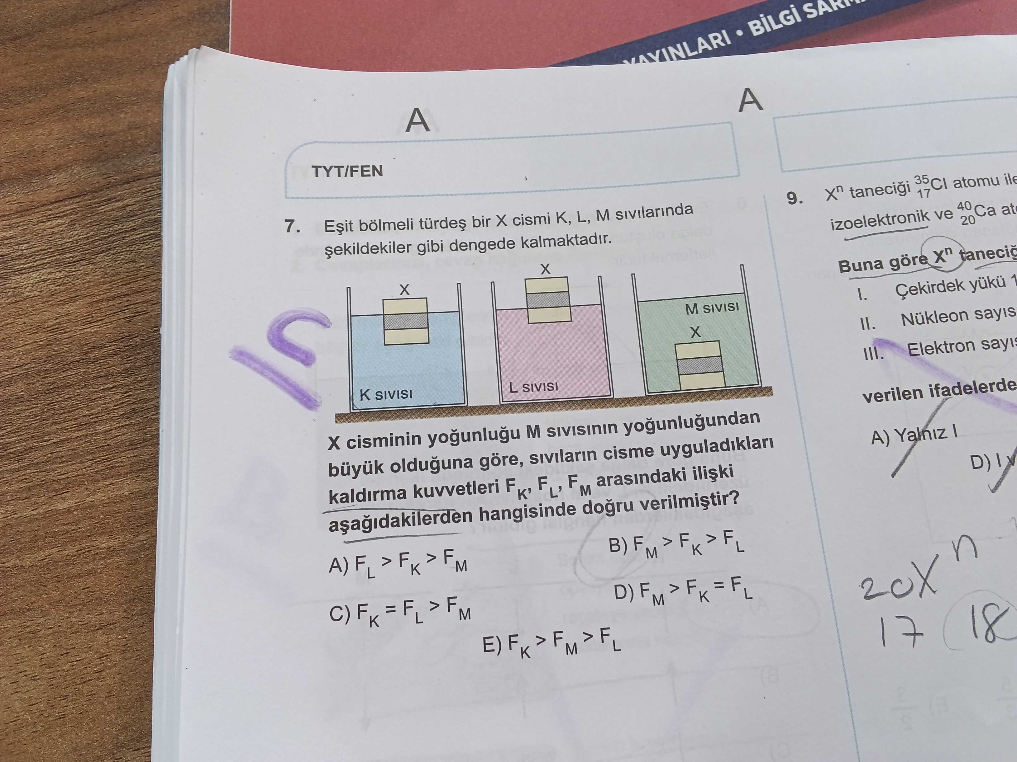 Eşit bölmeli türdeş bir X cismi K, L, M sıvılarında şekildekiler gibi dengede kalmaktadır. X