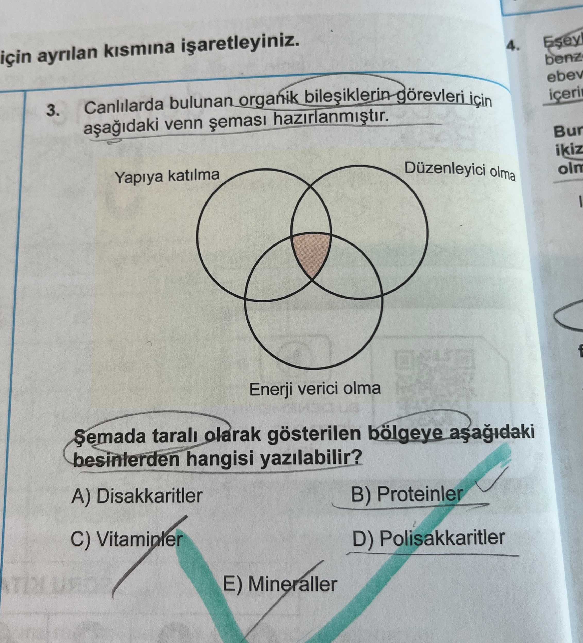 Canlılarda bulunan organik bileşiklerin görevleri için aşağıdaki venn şeması hazırlanmıştır. Şemada