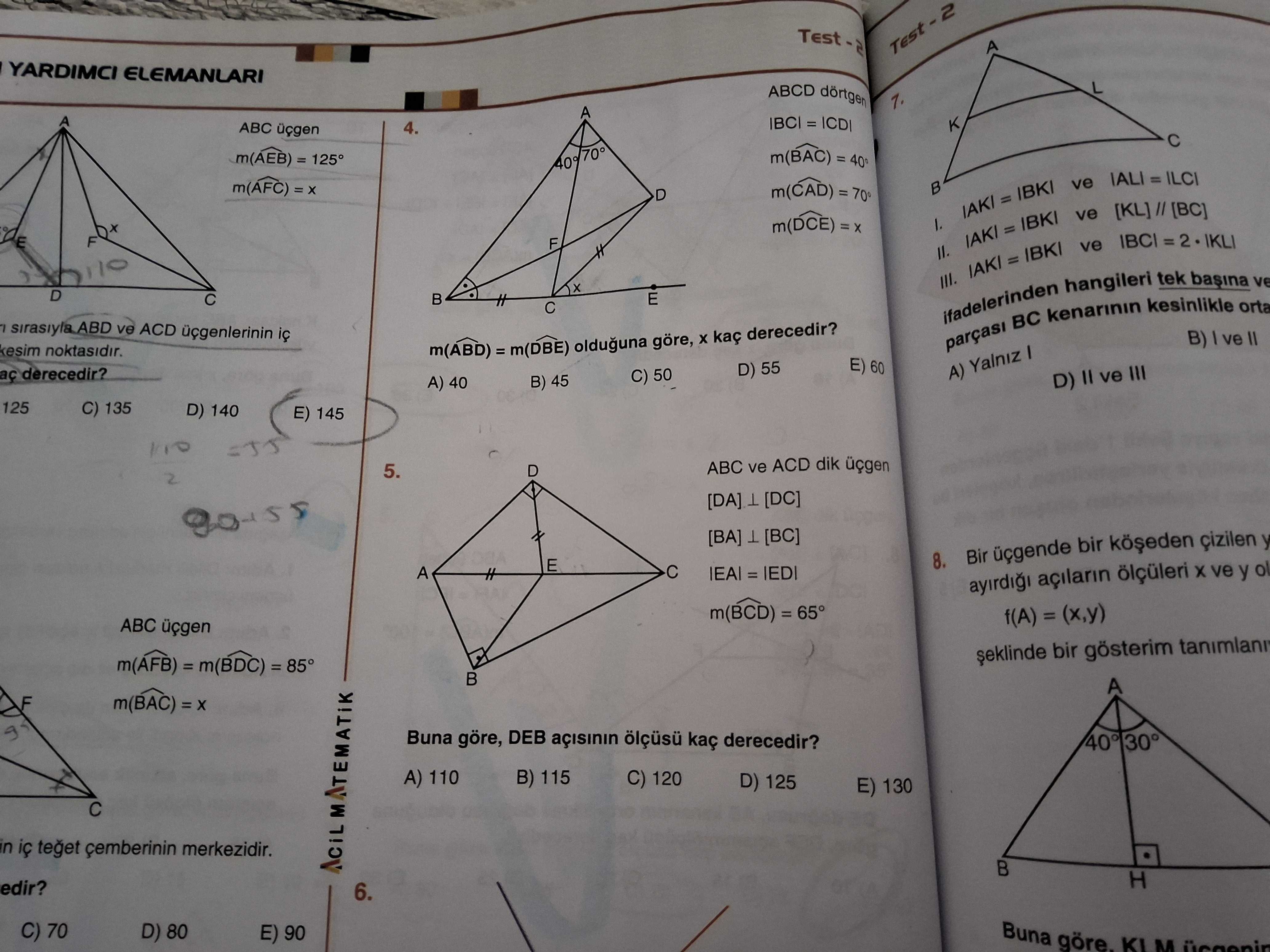 m(ABD) = m(DBE) olduğuna göre, x kaç derecedir?