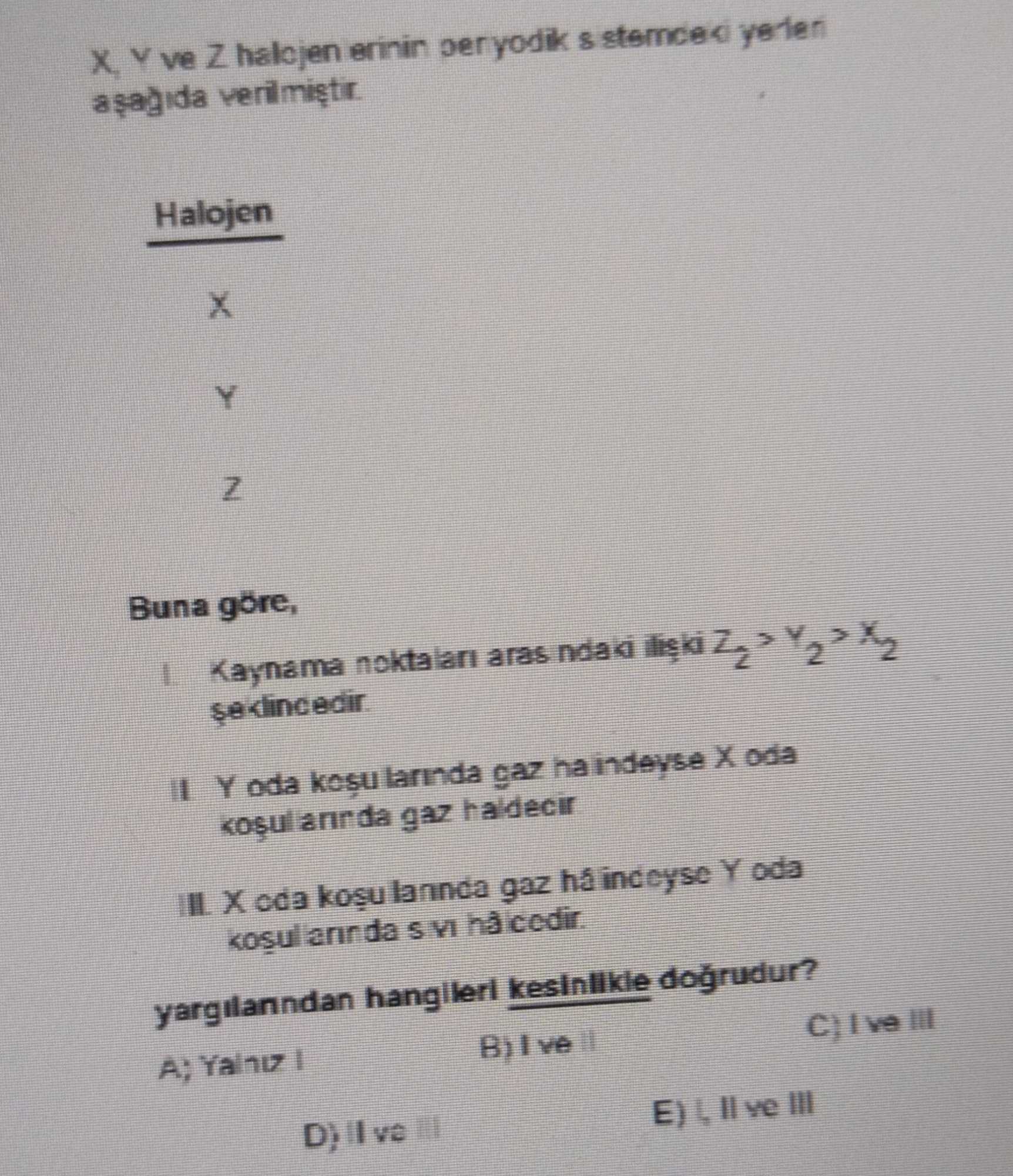 X, Y ve Z halojenlerinin peryodik sistemdeki yerleri aşağıda verilmiştir. Halojen X Y Z Buna göre, I. Kaynama noktaları
